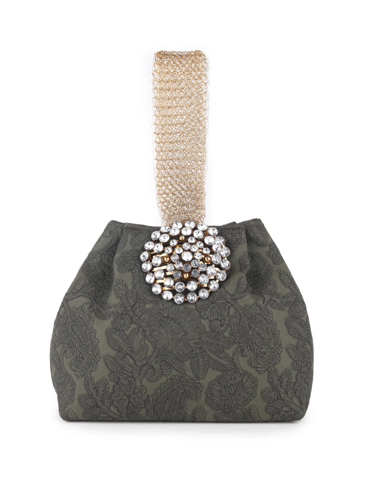 Odette Dark Olive Green Faux Stone Embellished and Textured Batua for Women - Image 3