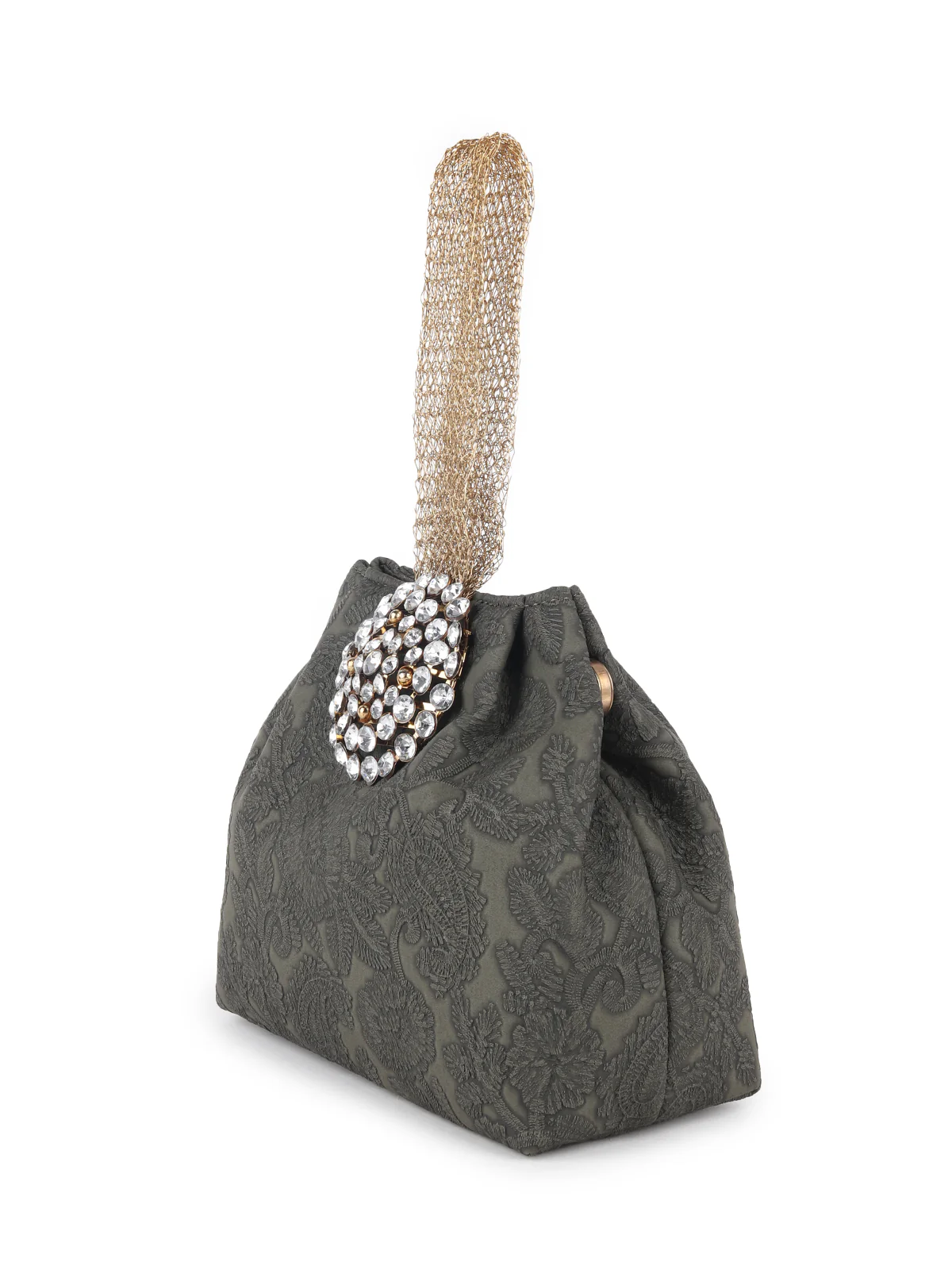 Odette Dark Olive Green Faux Stone Embellished and Textured Batua for Women - Image 4