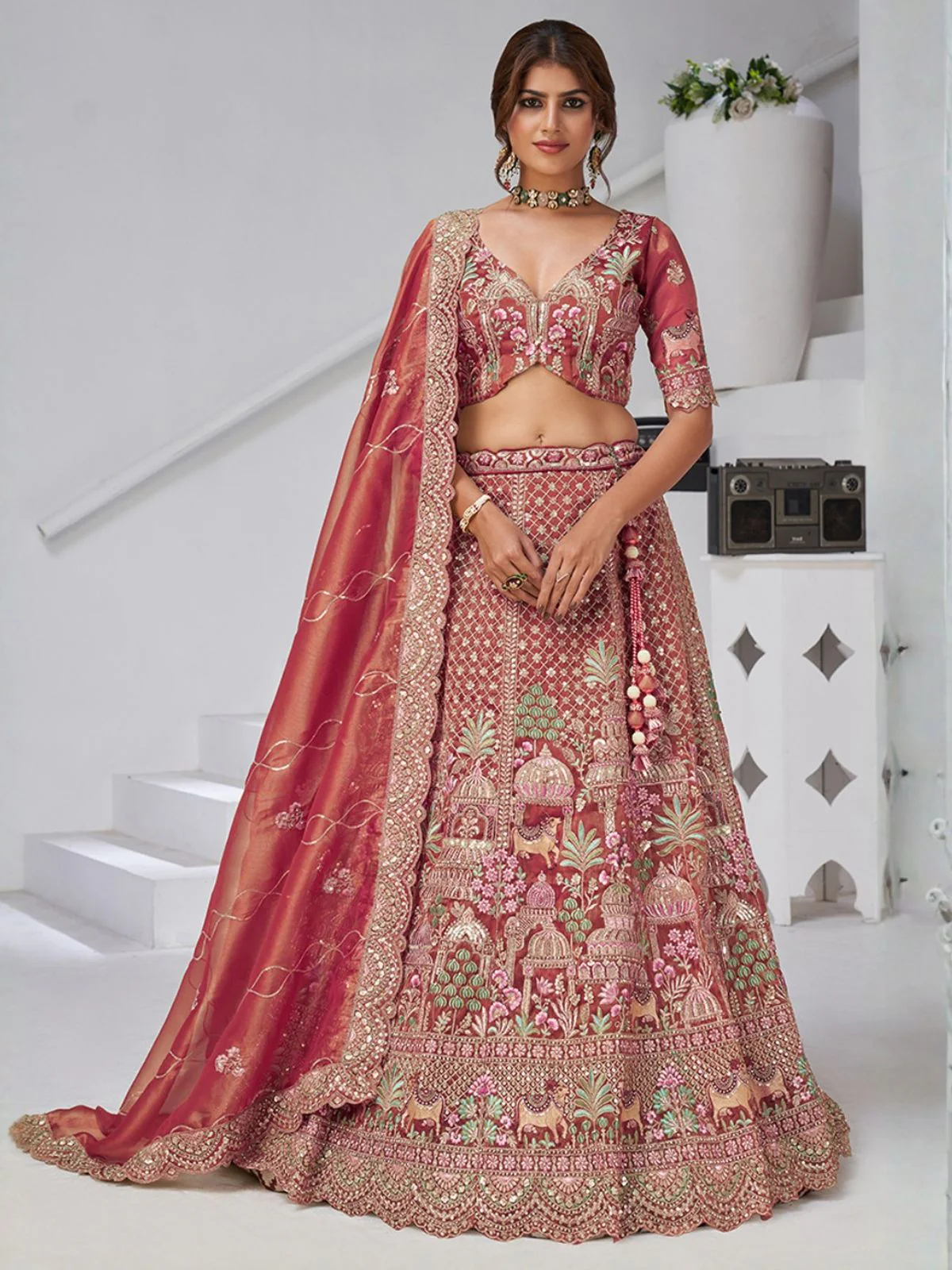 Odette Dark Peach Organza Tissue Embroidered Semi-Stitched Lehenga For Women