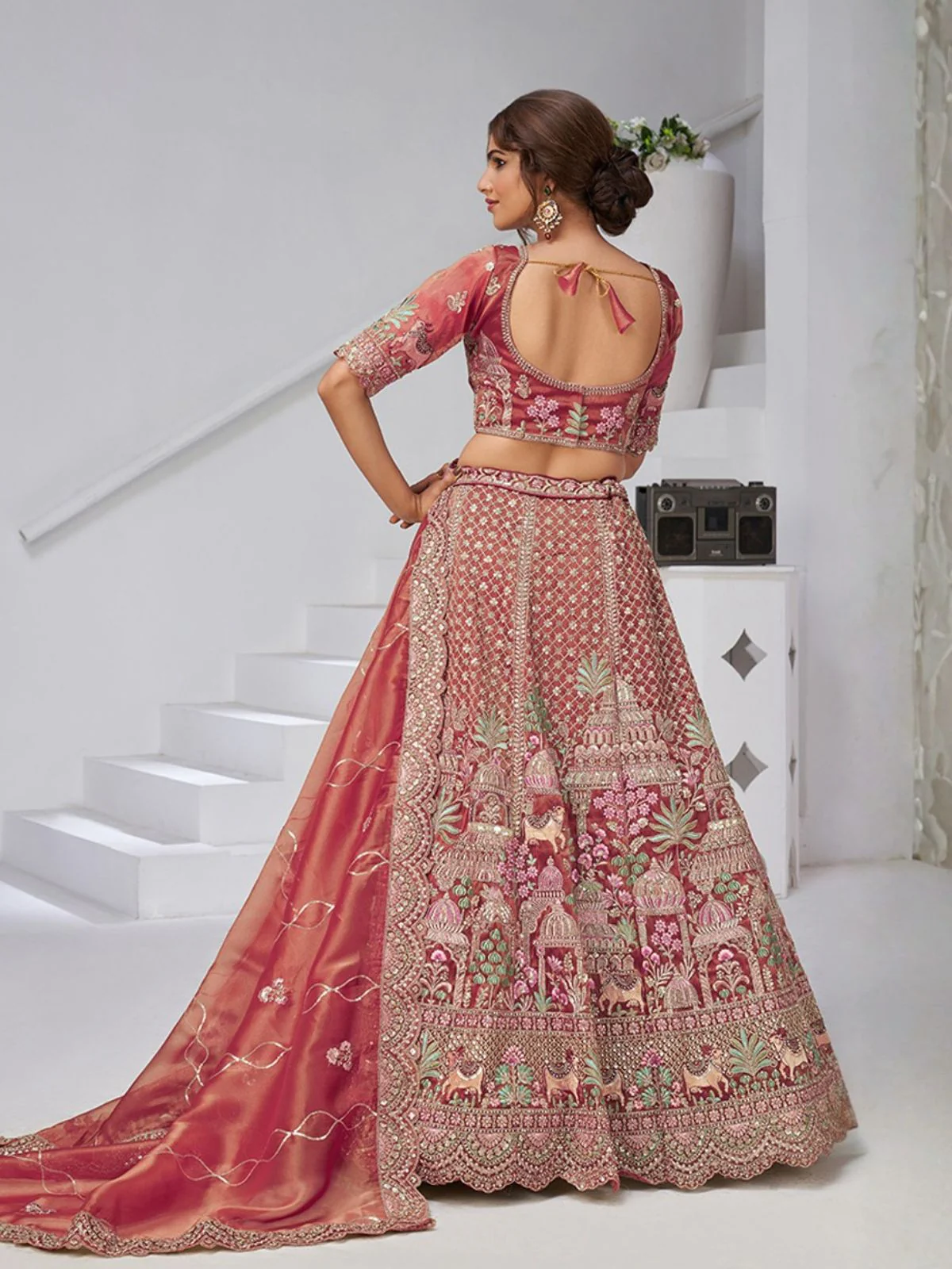 Odette Dark Peach Organza Tissue Embroidered Semi-Stitched Lehenga For Women - Image 3