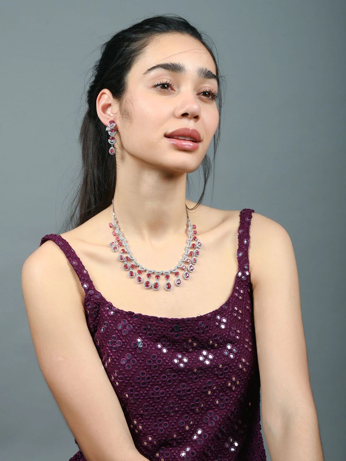 Odette Dark Pink Alloy Embellished Jewellery Set For Women - Image 2