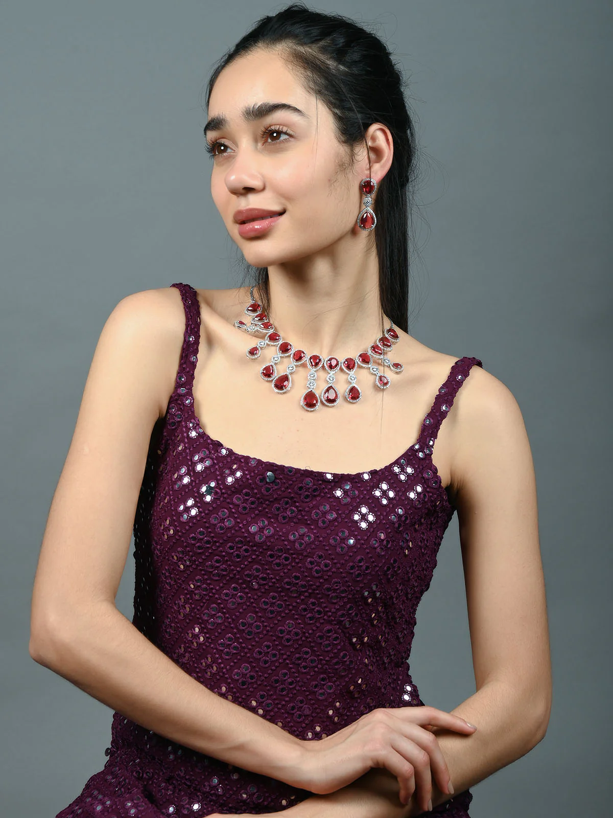 Odette Dark Pink Alloy Embellished Jewellery Set For Women - Image 2