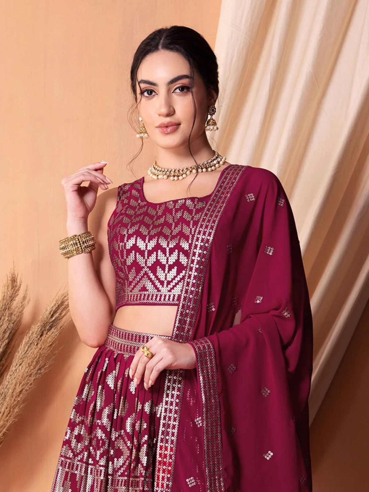 Odette Dark Pink Georgette Embellished Semi-Stitched Lehenga For Women - Image 2