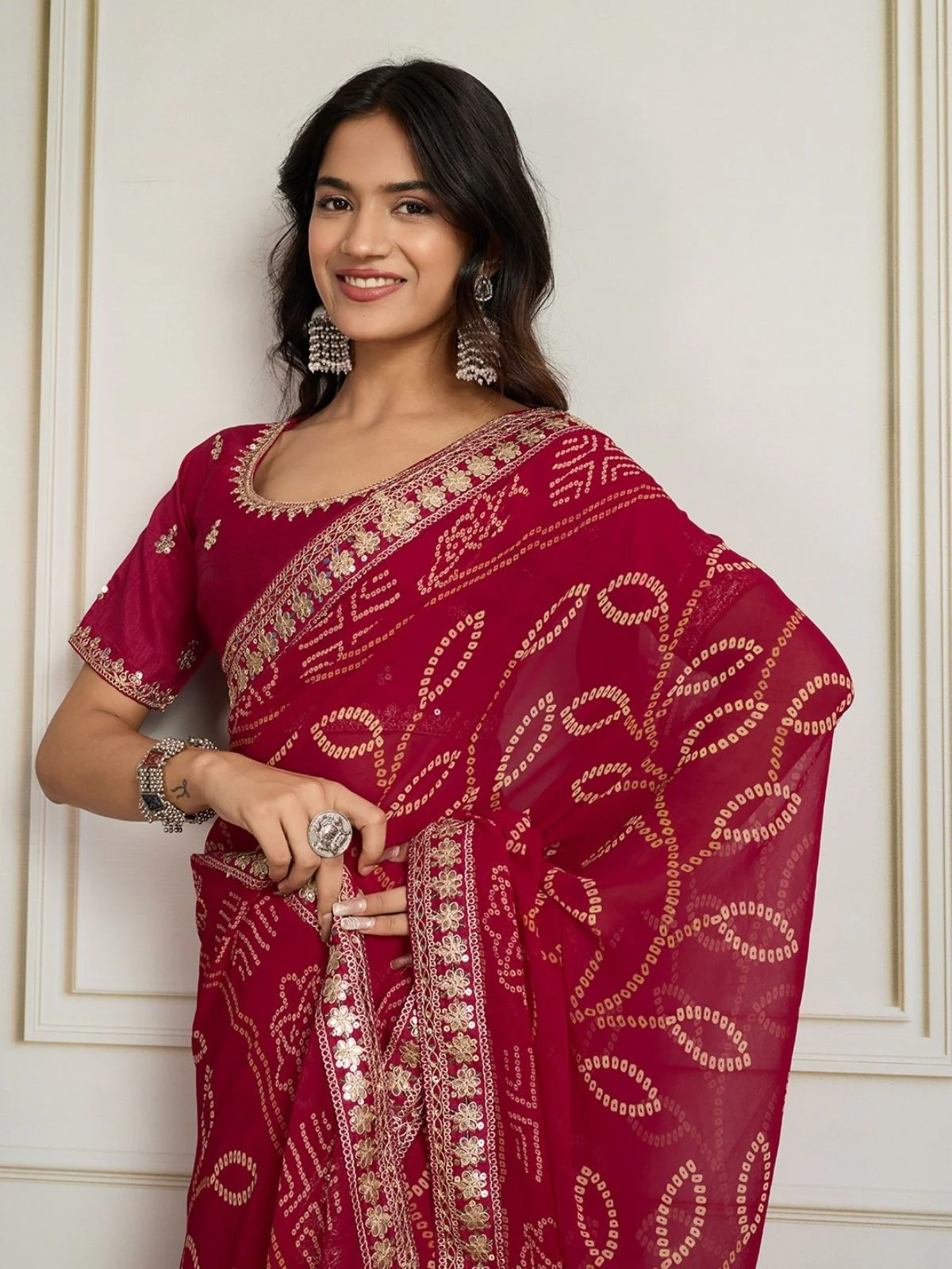 Odette Dark Pink Georgette Printed Saree For Women - Image 2