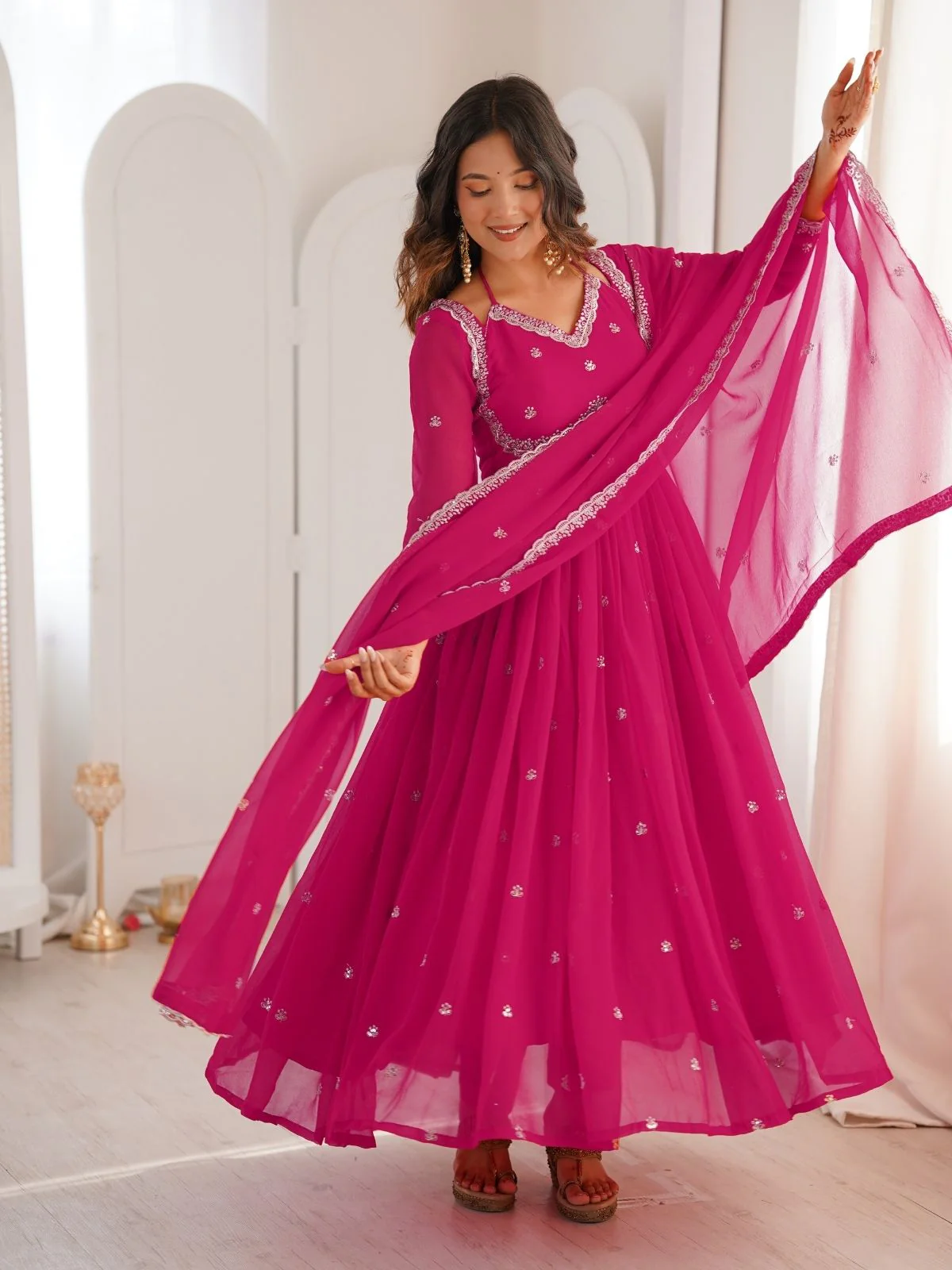 Odette Dark Pink Georgette Sequins Embroidered Stitched Kurta Set For Women - Image 2