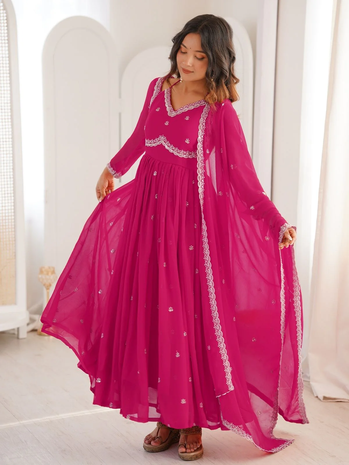 Odette Dark Pink Georgette Sequins Embroidered Stitched Kurta Set For Women - Image 3