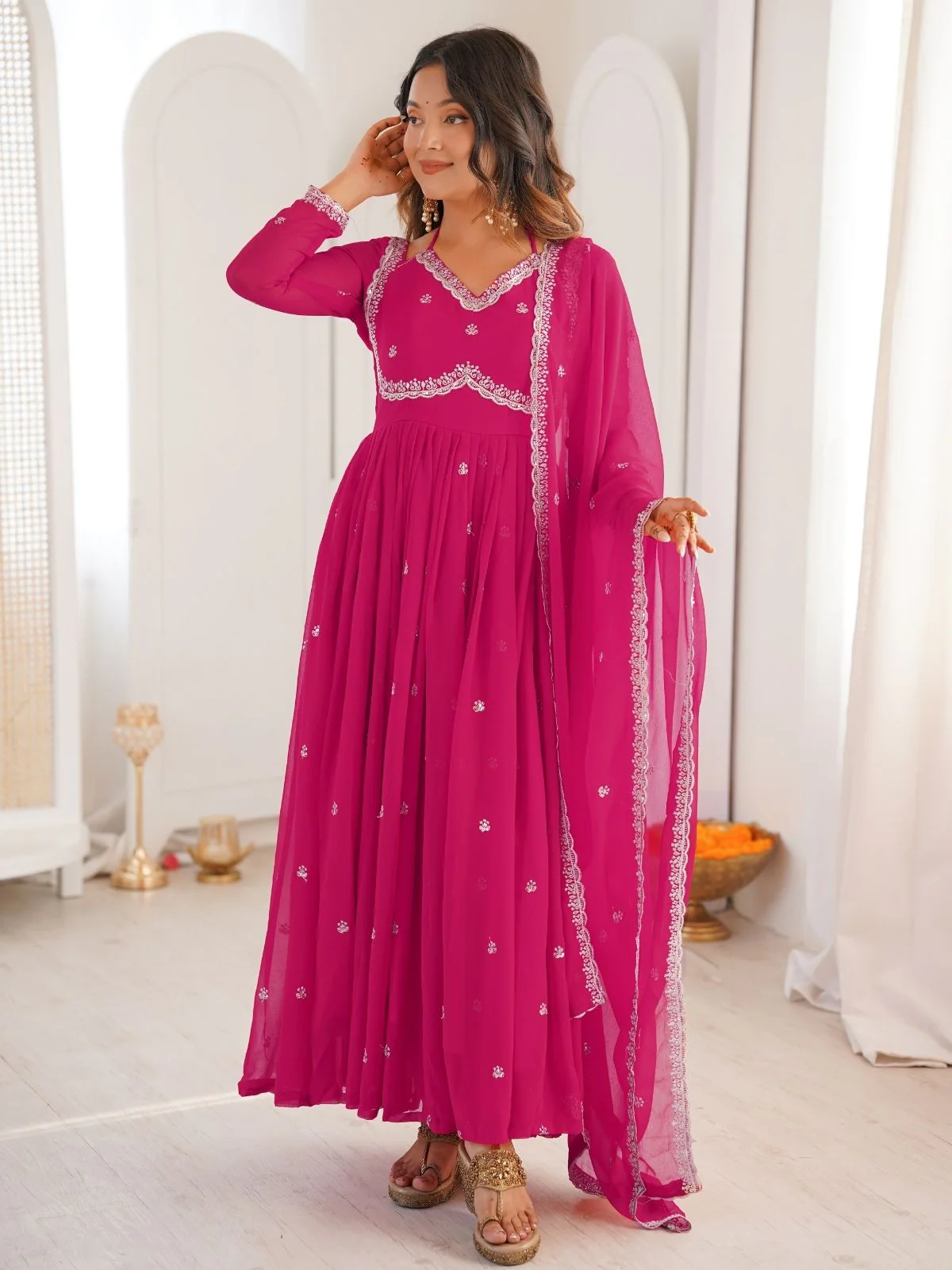 Odette Dark Pink Georgette Sequins Embroidered Stitched Kurta Set For Women - Image 4