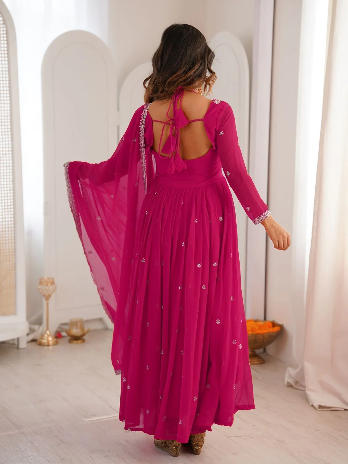 Odette Dark Pink Georgette Sequins Embroidered Stitched Kurta Set For Women - Image 5