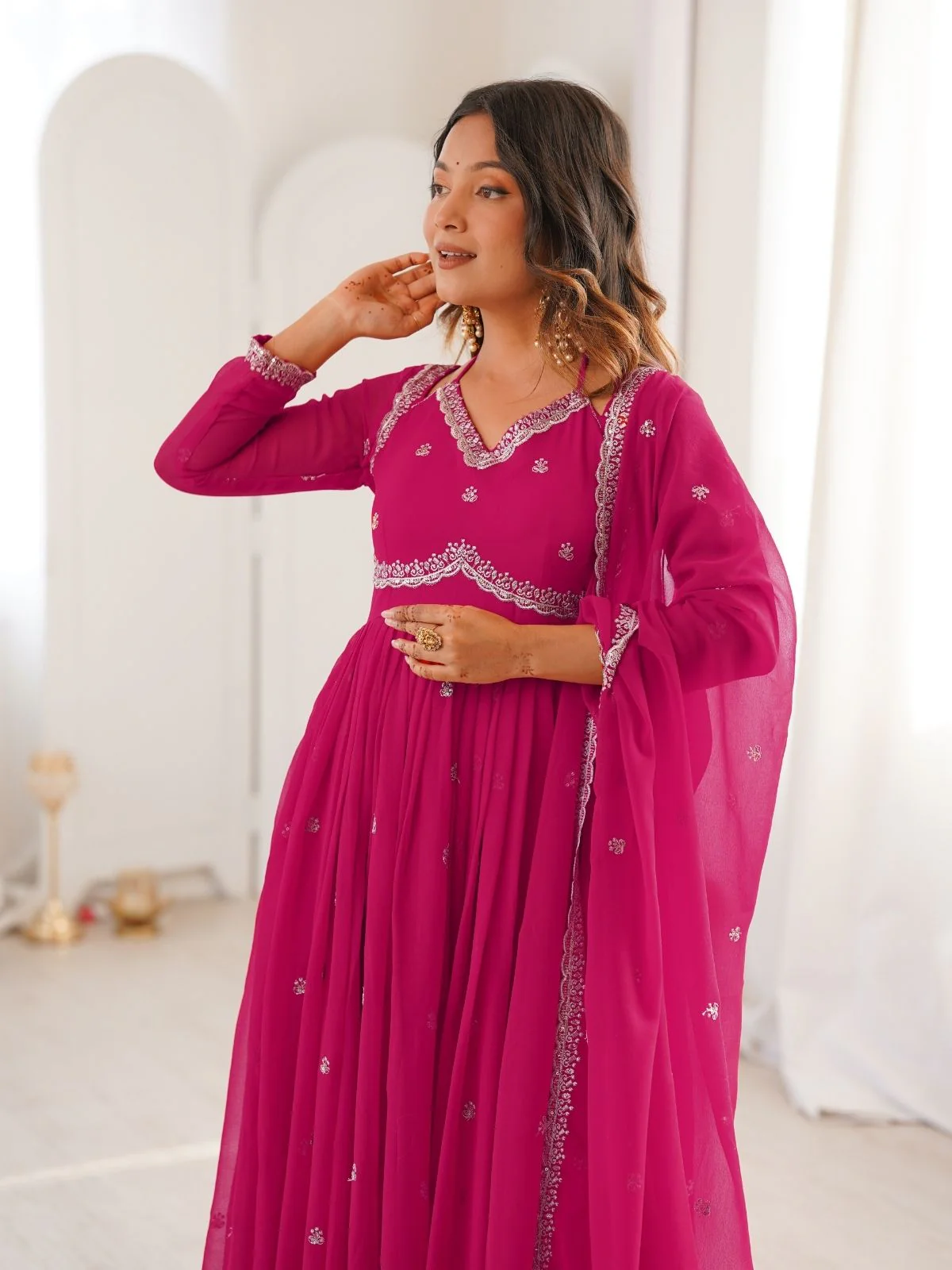 Odette Dark Pink Georgette Sequins Embroidered Stitched Kurta Set For Women - Image 7