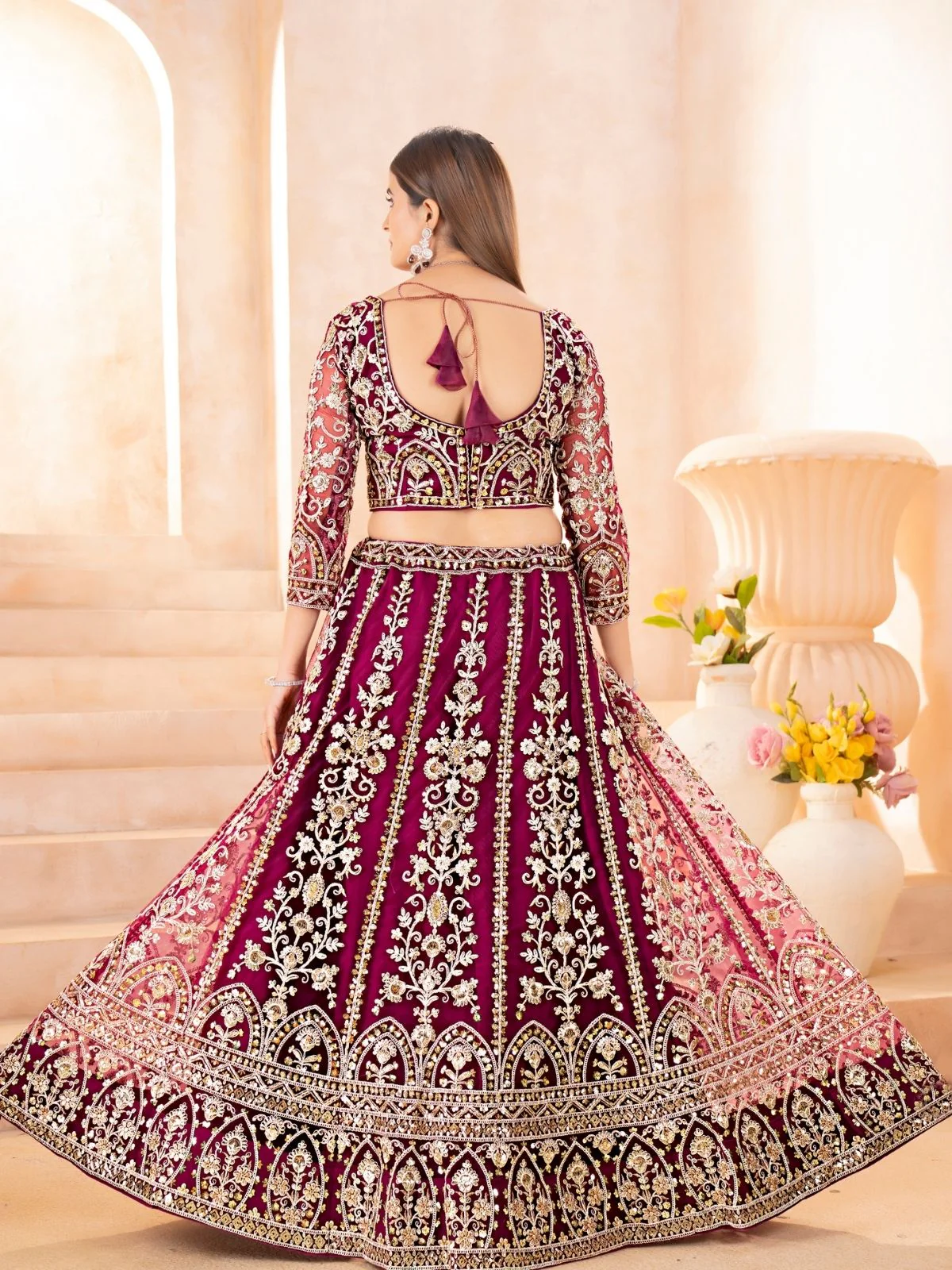Odette Dark Pink Net Embellished Semi Stitched Lehenga For Women - Image 3