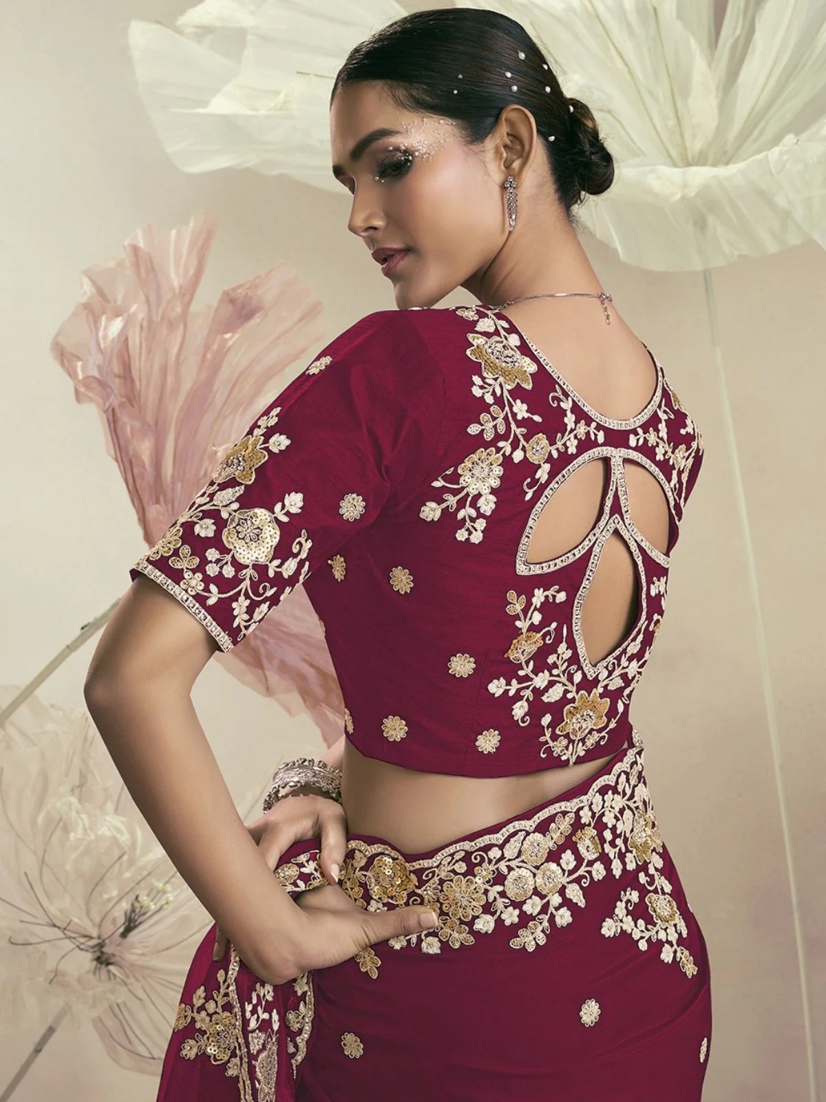 Odette Dark Pink Organza Embellished Elegant Saree For Women - Image 2