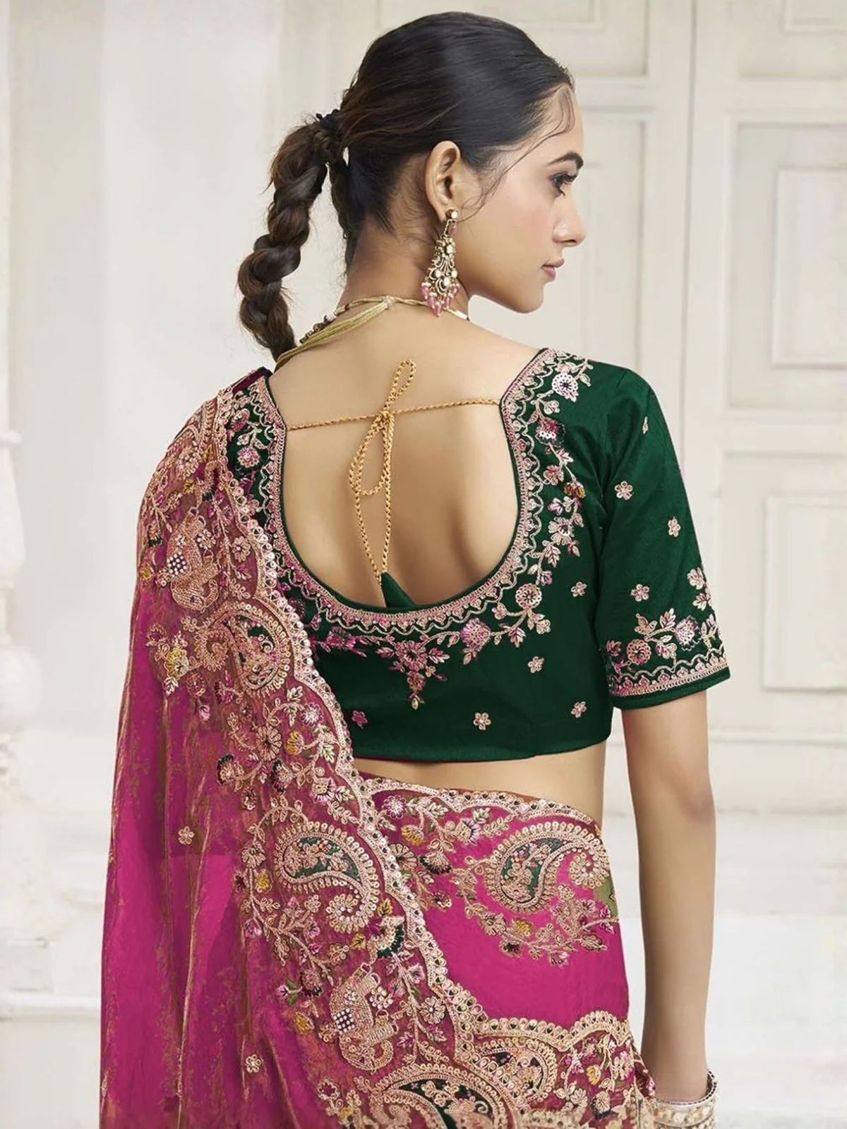 Odette Dark Pink Satin Embroidered Saree For Women - Image 3