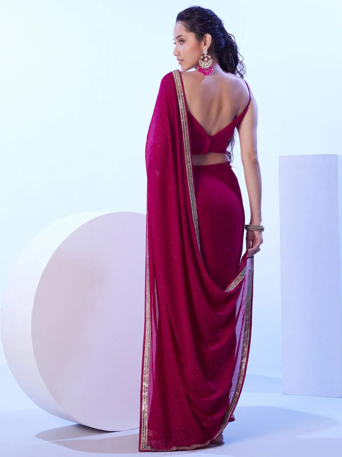 Odette Dark Pink Satin Lace Work Saree With Unstitched Blouse For Women - Image 5