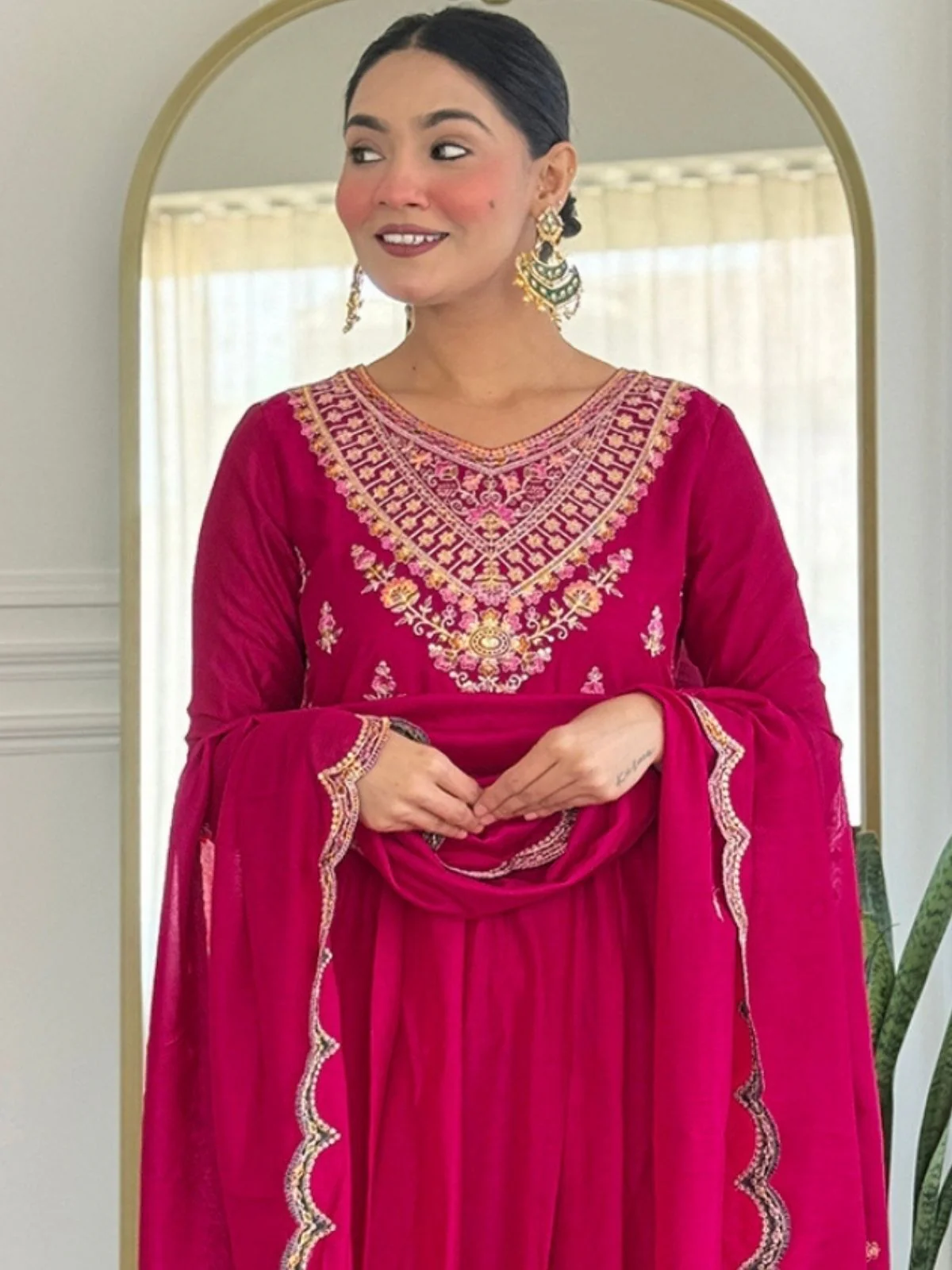 Odette Dark Pink Silk Blend Embroidered Stitched Kurta Set For Women - Image 3