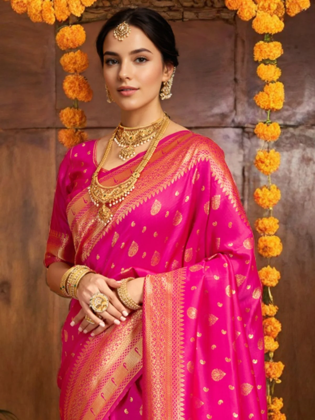 Odette Dark Pink Silk Blend Woven Pithani Saree For Women - Image 5