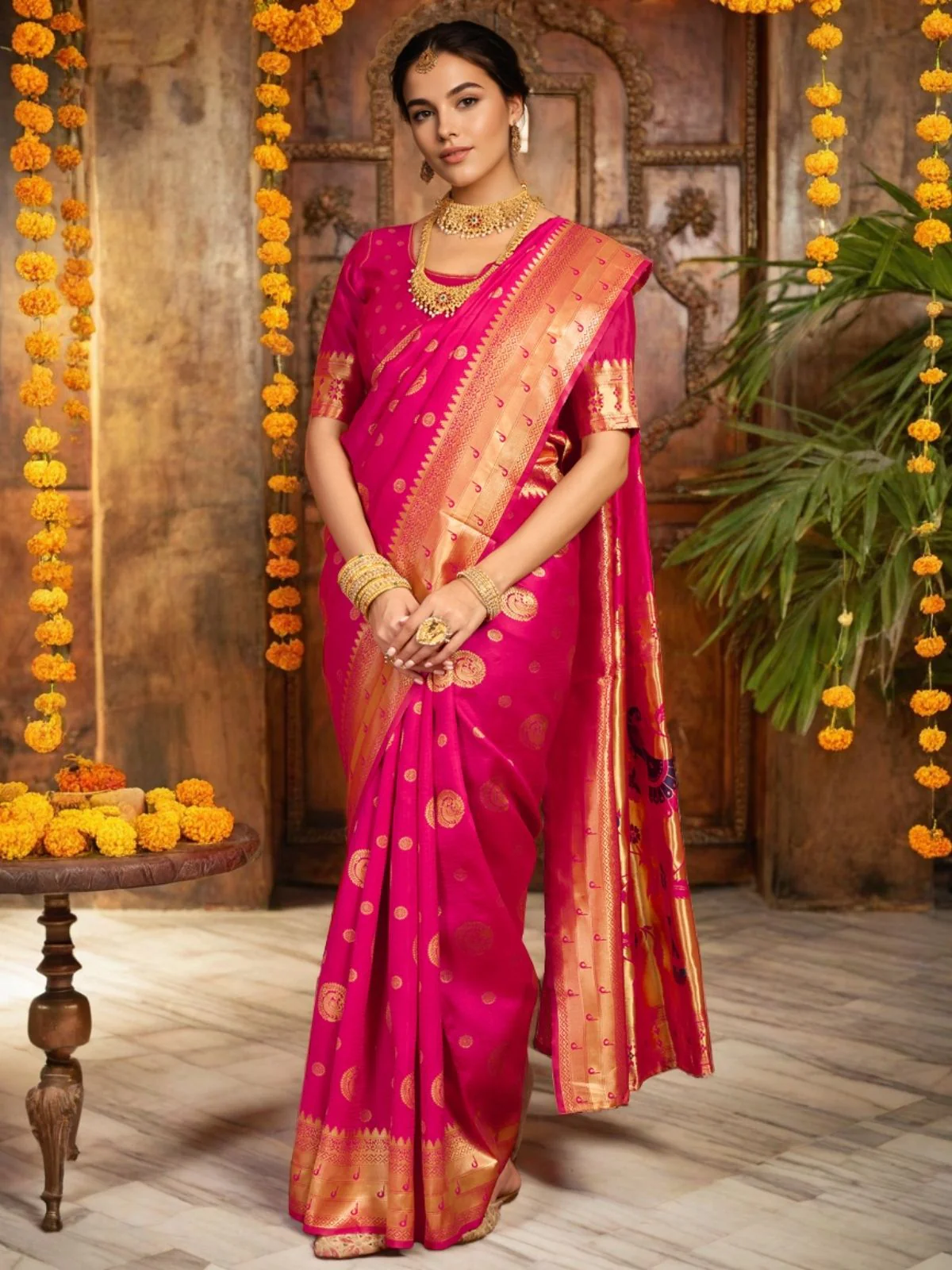 Odette Dark Pink Silk Blend Woven Pithani Saree For Women - Image 3