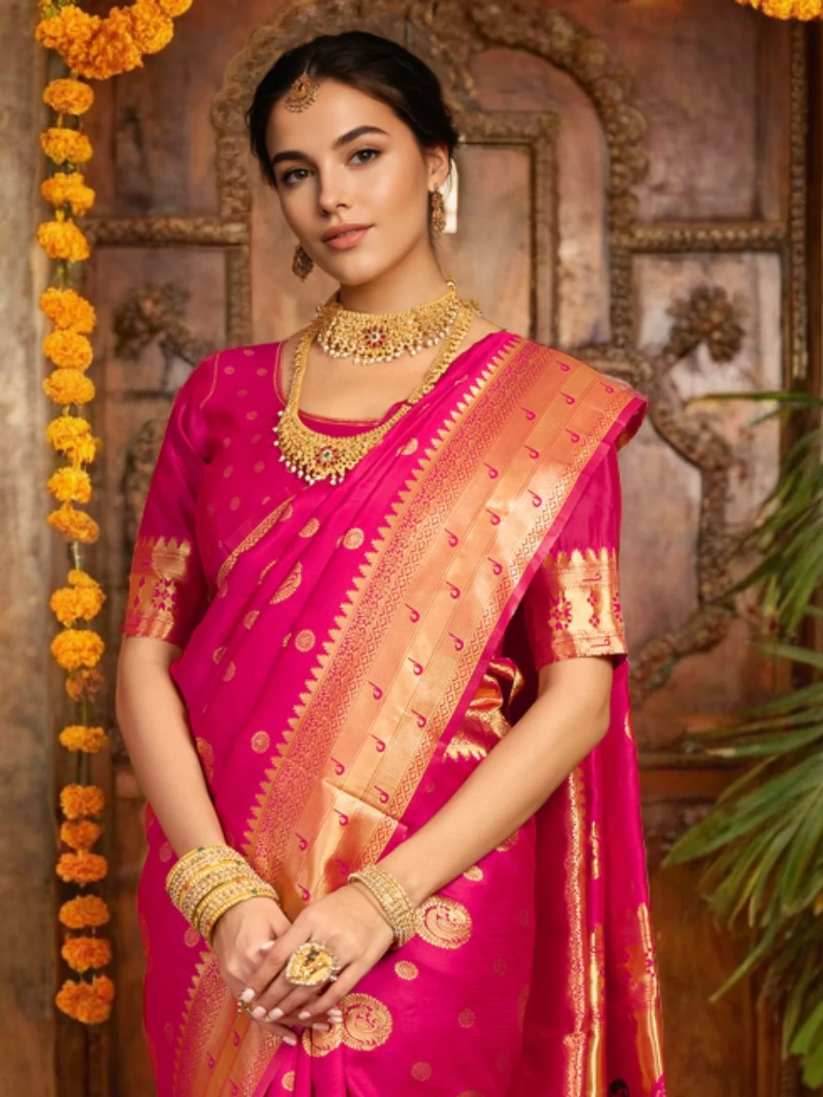 Odette Dark Pink Silk Blend Woven Pithani Saree For Women - Image 5