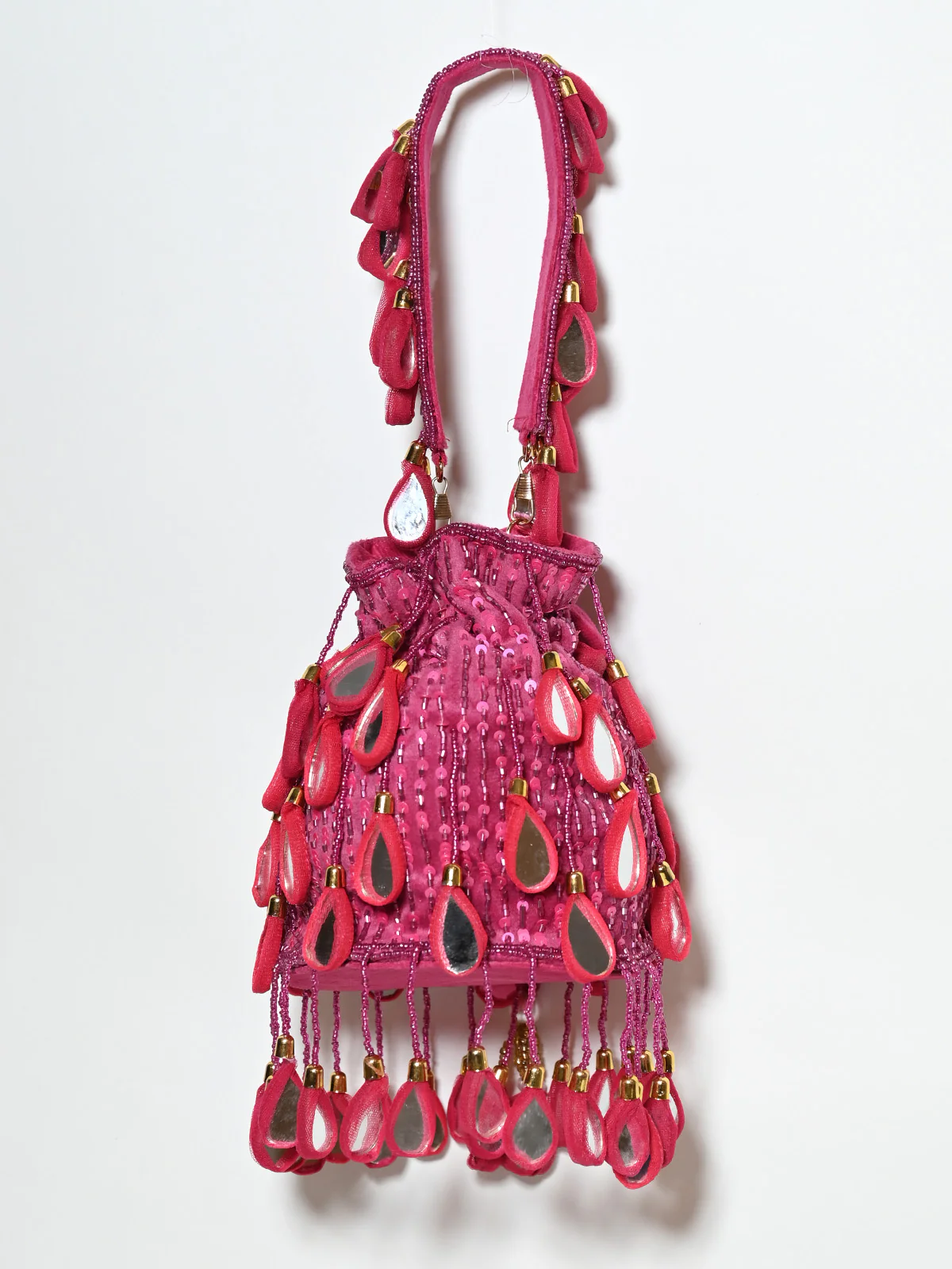 Odette Dark Pink Suede Cutdana And Mirror Embellished Potli For Women - Image 2