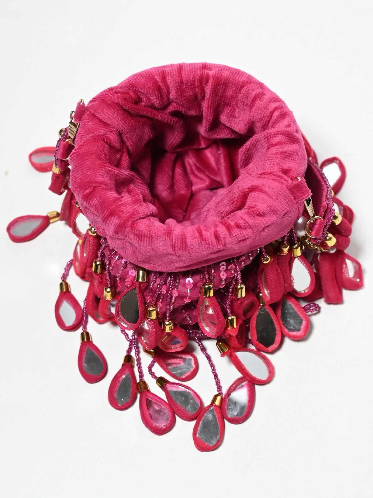 Odette Dark Pink Suede Cutdana And Mirror Embellished Potli For Women - Image 5