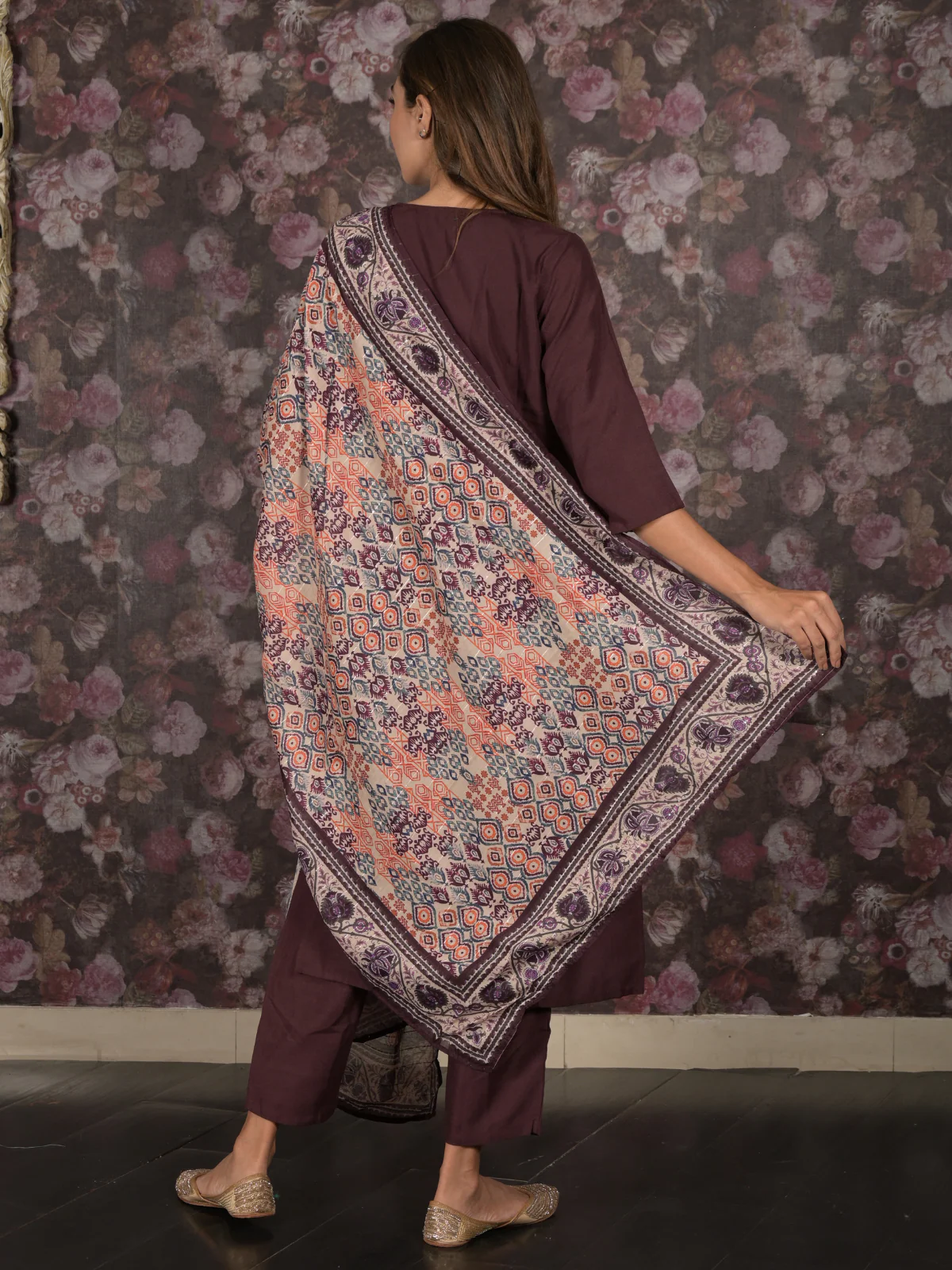 Odette Dark Purple Embroidered Cotton Blend Stitched Kurta Set for Women - Image 4