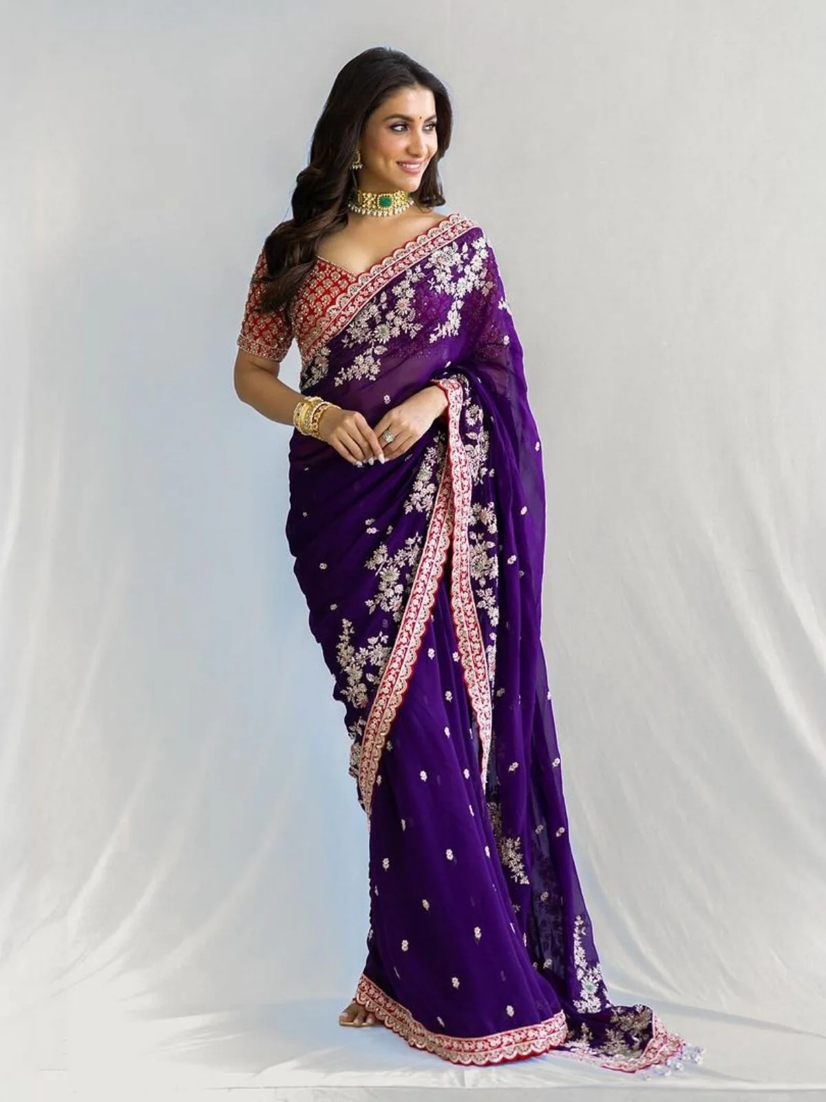 Odette Dark Purple Georgette Embellished Saree For Women