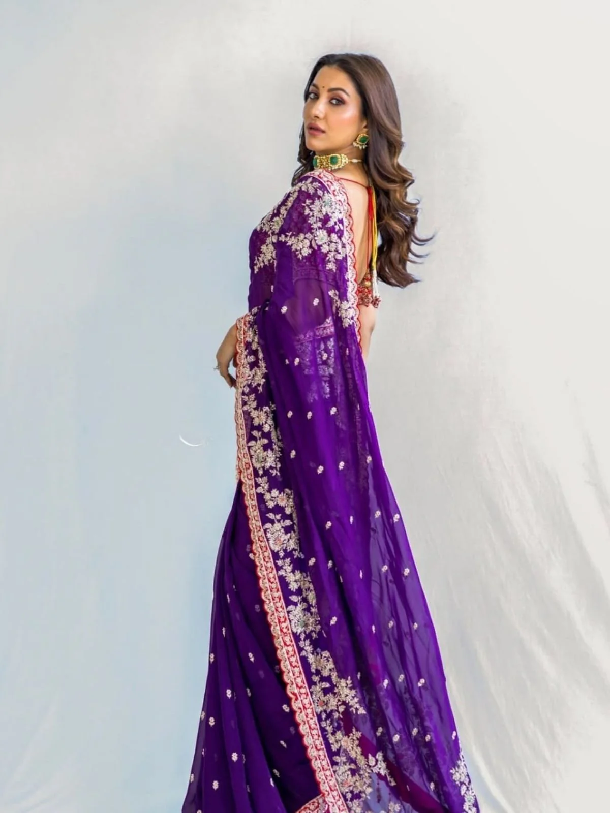 Odette Dark Purple Georgette Embellished Saree For Women - Image 3