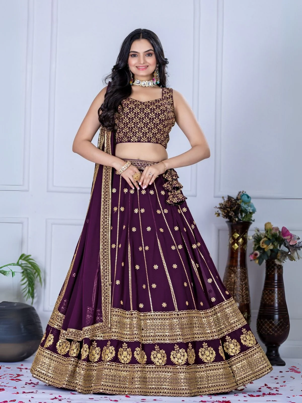Odette Dark Purple Georgette Embroidered Semi-Stitched lehenga For Women - Image 3