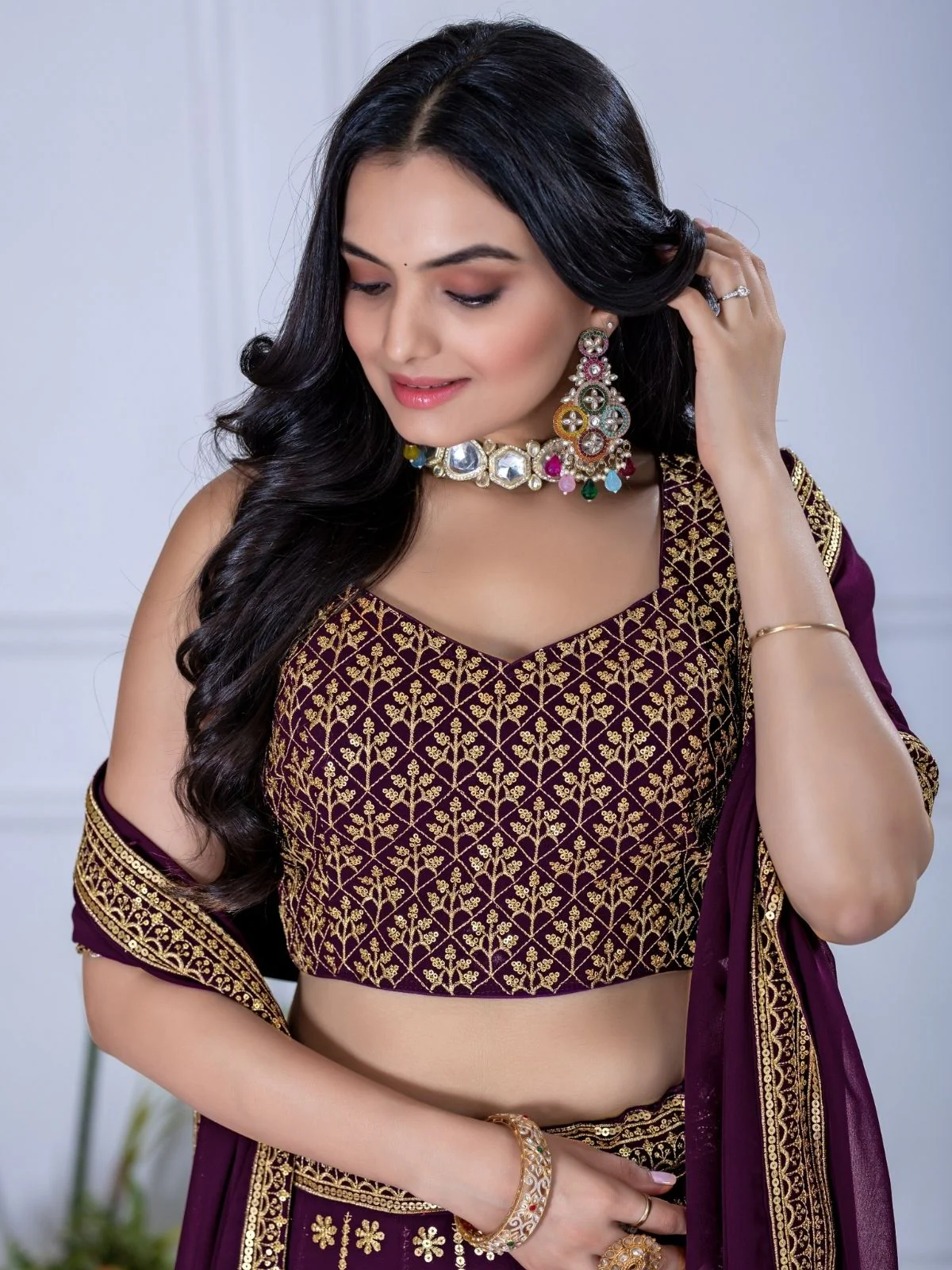 Odette Dark Purple Georgette Embroidered Semi-Stitched lehenga For Women - Image 4