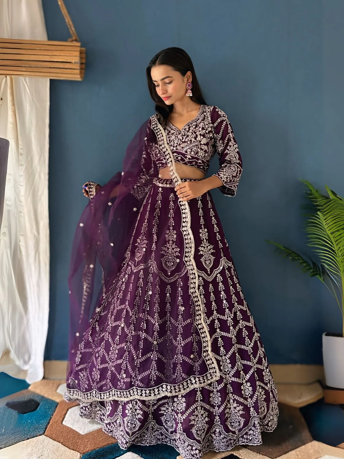 Odette Dark Purple Georgette Embroidered Semi-Stitched lehenga For Women - Image 2