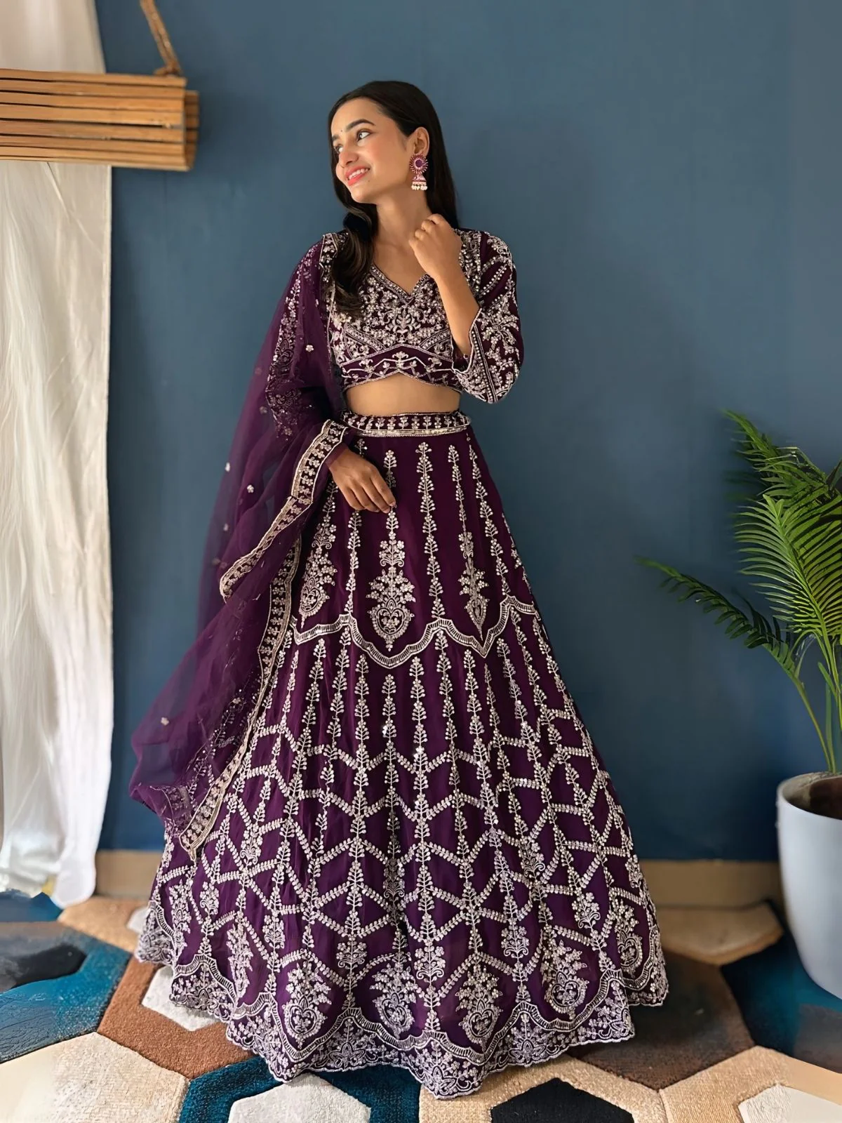 Odette Dark Purple Georgette Embroidered Semi-Stitched lehenga For Women - Image 3