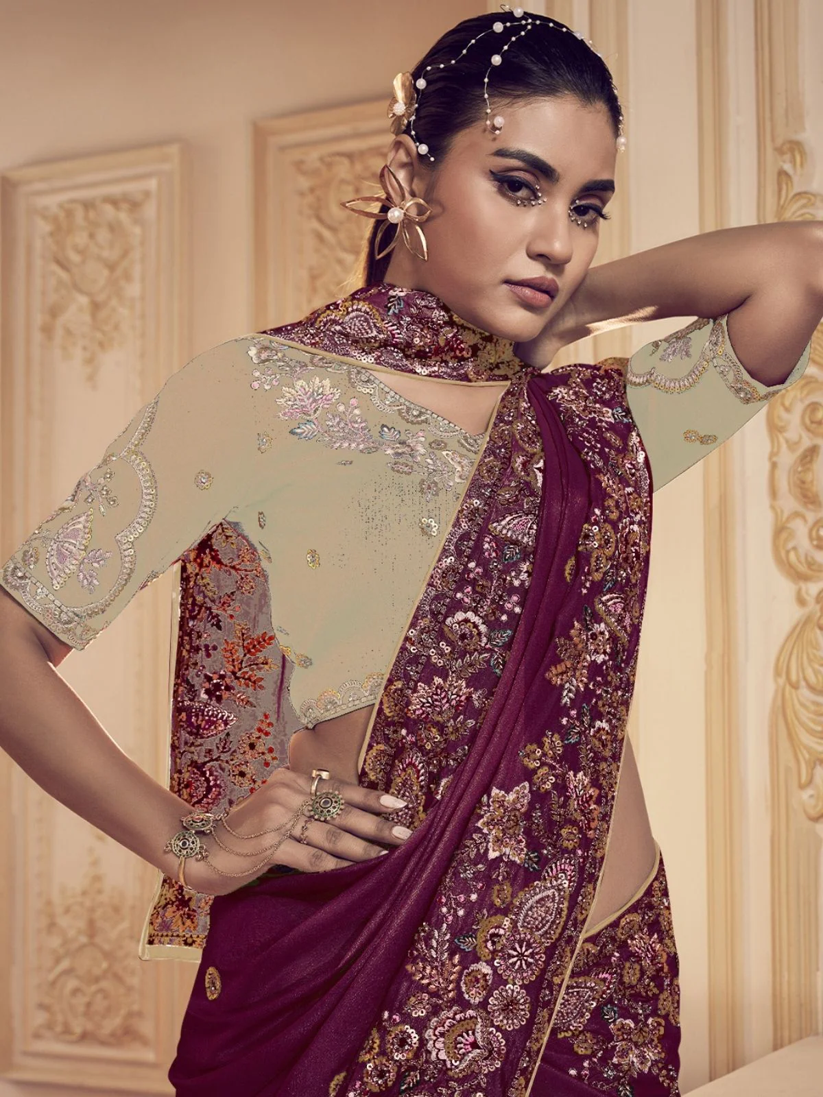 Odette Dark Purple Satin Embroidered Elegant Saree For Women - Image 2