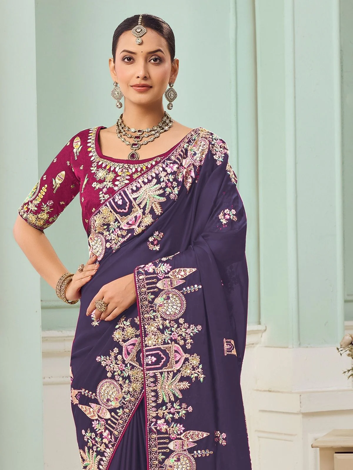 Odette Dark Purple Satin Embroidered Saree For Women - Image 3