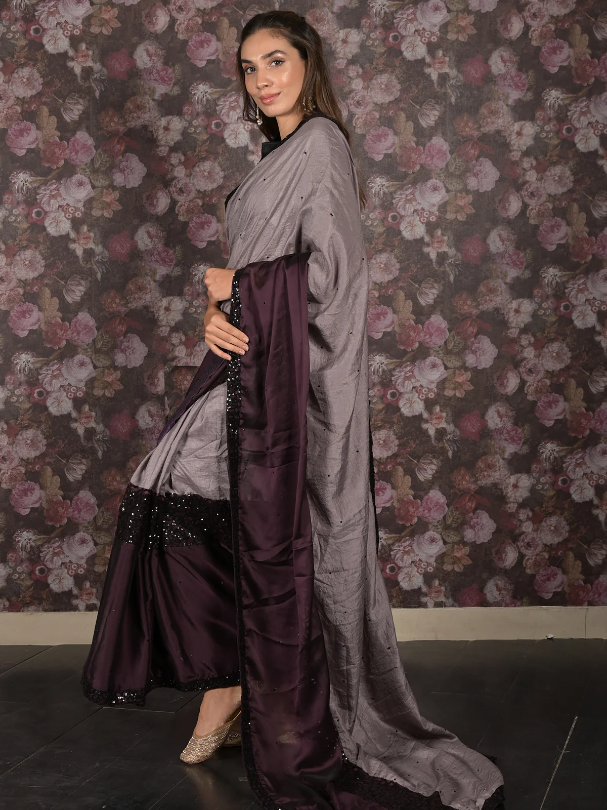 Odette Dark Purple Sequins Embroidered Crepe Saree with Unstitched Blouse for Women