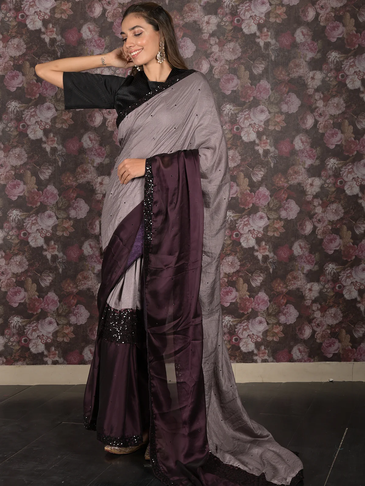 Odette Dark Purple Sequins Embroidered Crepe Saree with Unstitched Blouse for Women - Image 3