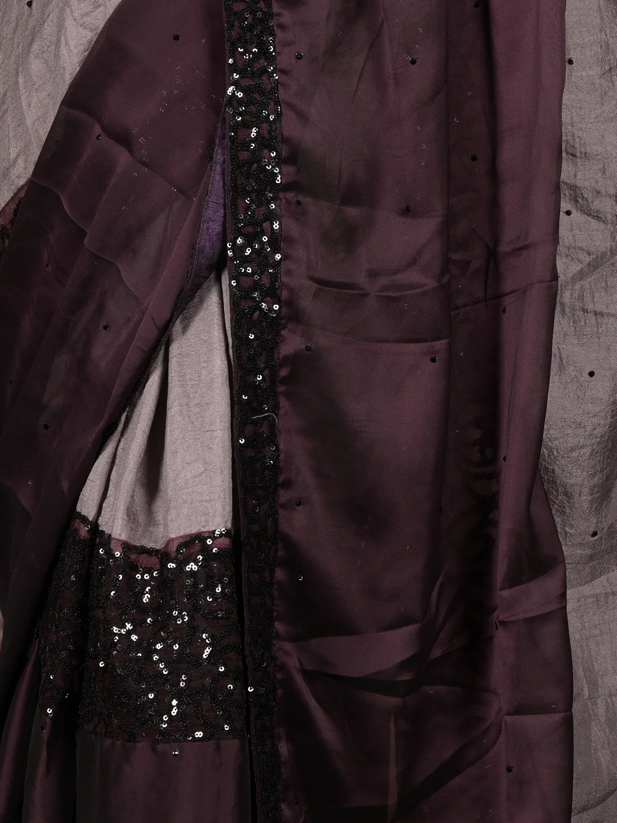 Odette Dark Purple Sequins Embroidered Crepe Saree with Unstitched Blouse for Women - Image 5