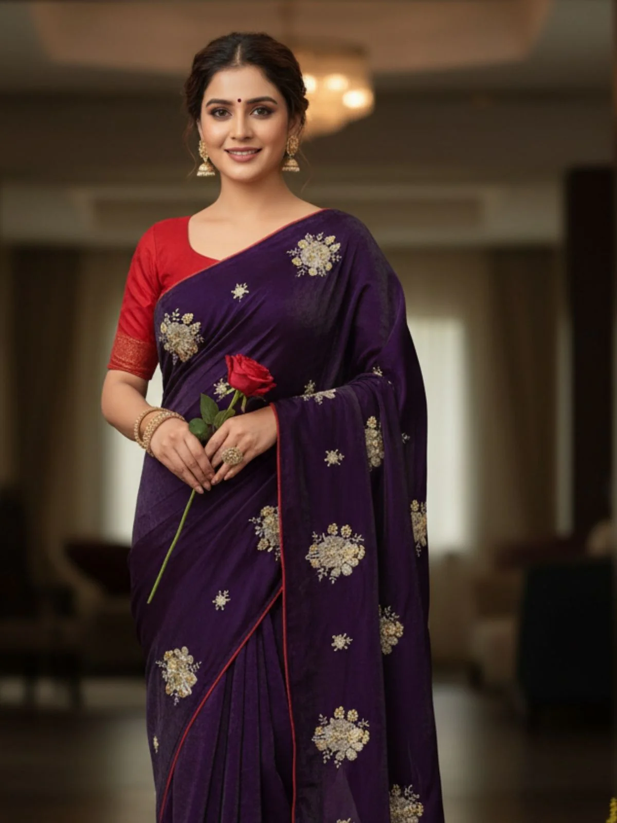 Odette Dark Purple Silk Blend Embroidered Solid Saree For Women - Image 2