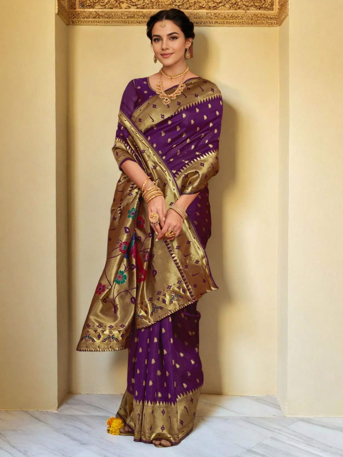 Odette Dark Purple Silk Blend Woven Pithani Saree For Women - Image 3
