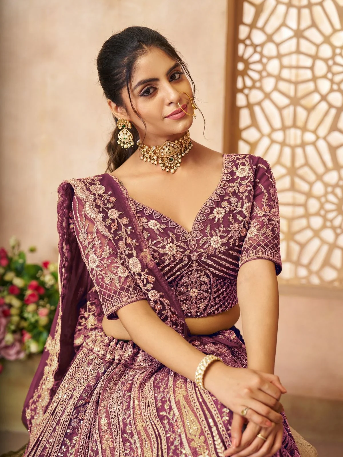 Odette Dark Purple Soft Net Embroidered Semi-Stitched Lehenga For Women - Image 3