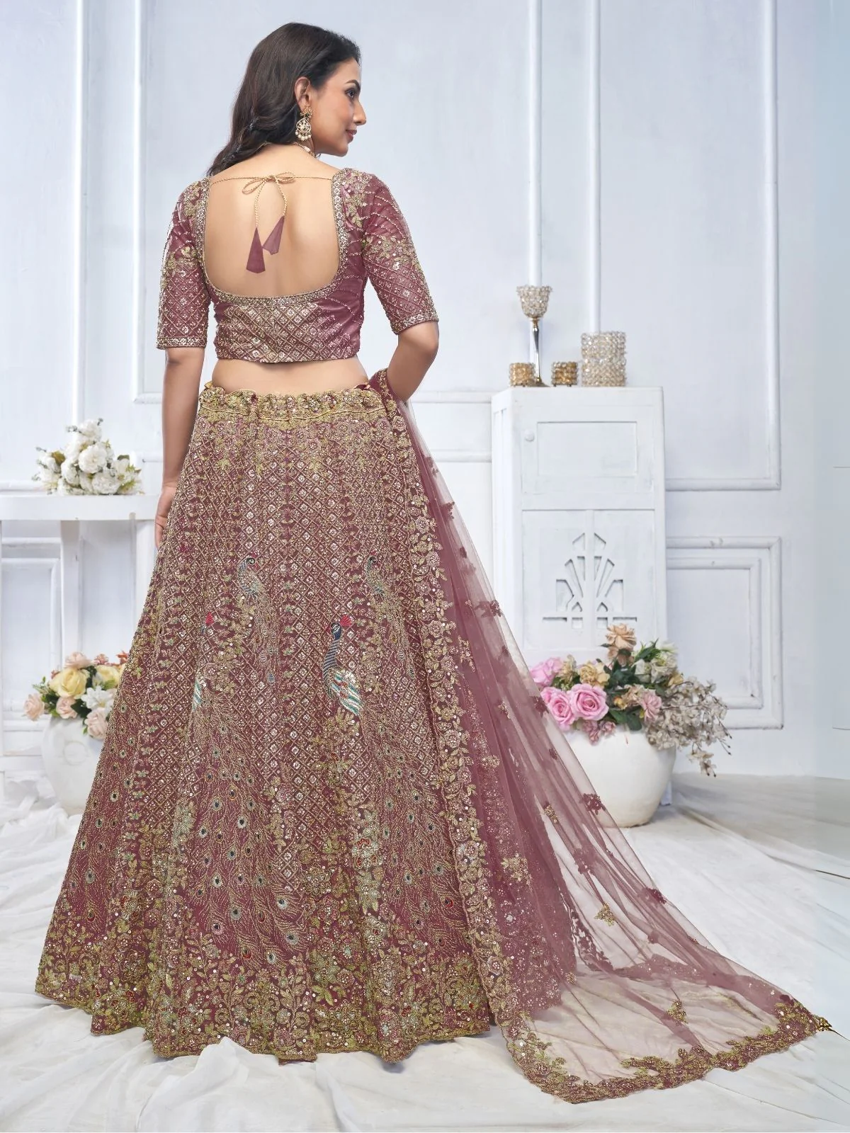 Odette Dark Purple Soft Net Embroidered Semi-Stitched Lehenga With Unstitched Blouse For Women - Image 3