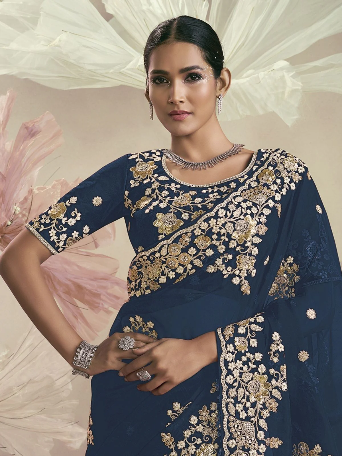 Odette Dark Teal Organza Embellished Elegant Saree For Women - Image 3