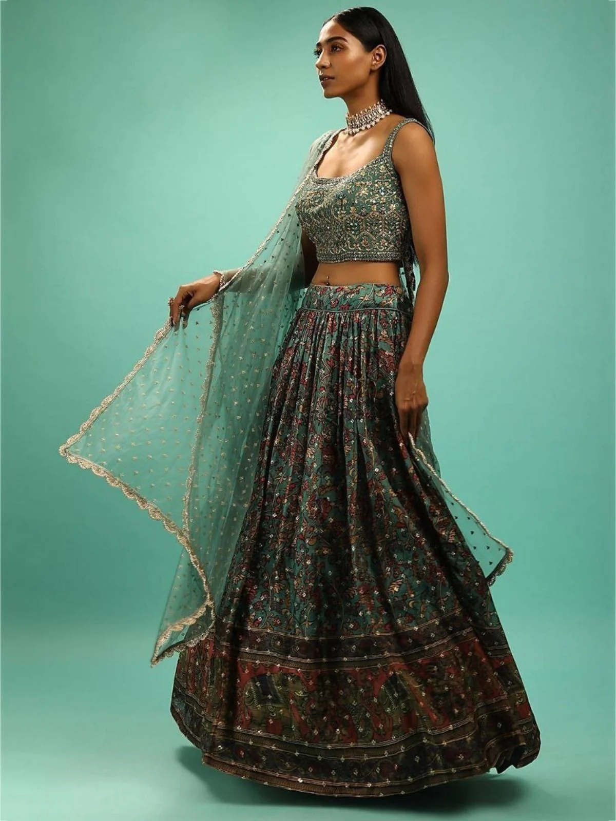 Odette Deep Green Chinon Embellished Semi Stitched Lehenga For Women - Image 2