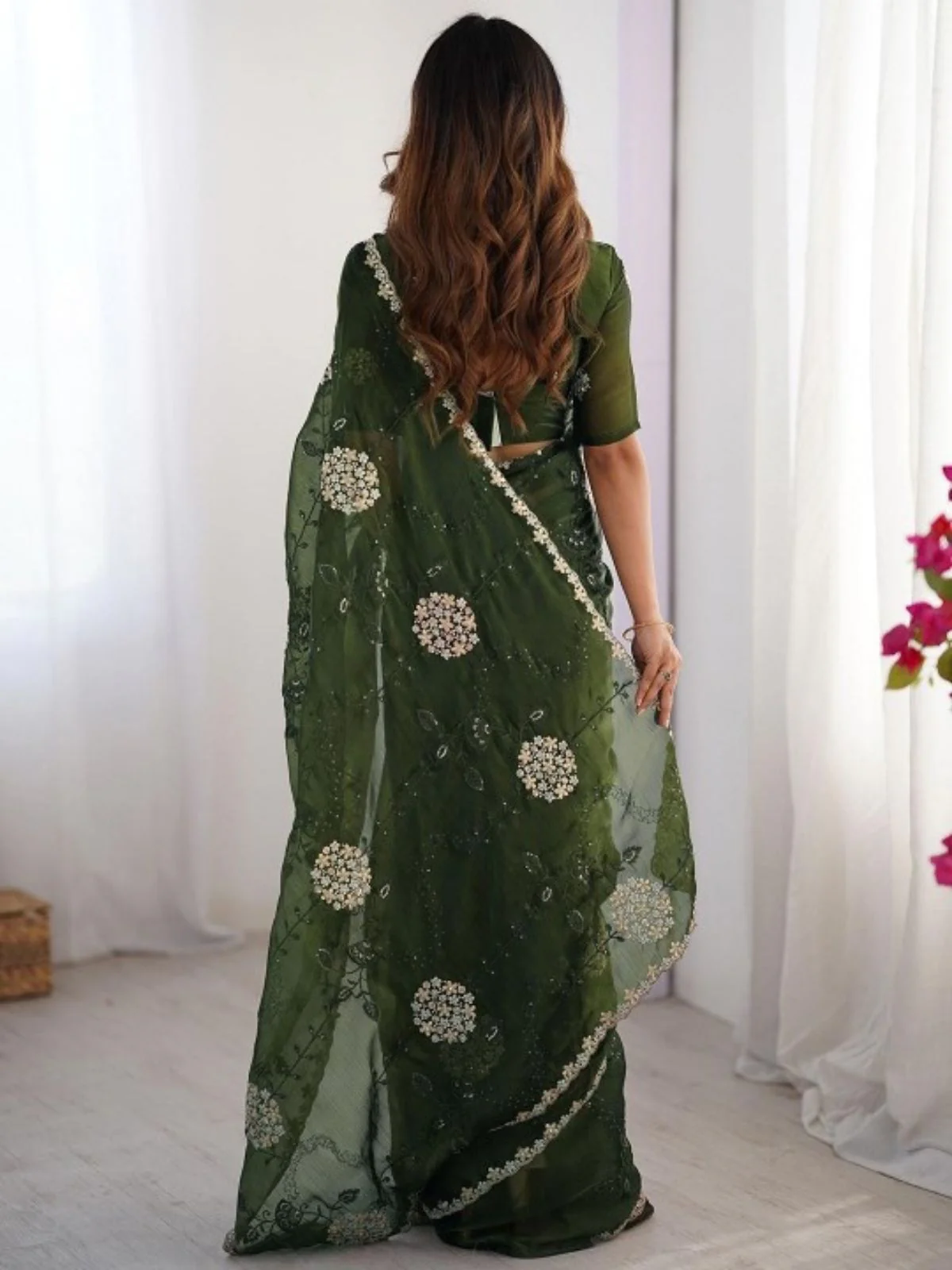 Odette Deep Green Organza Embroidered Solid Saree For Women - Image 2