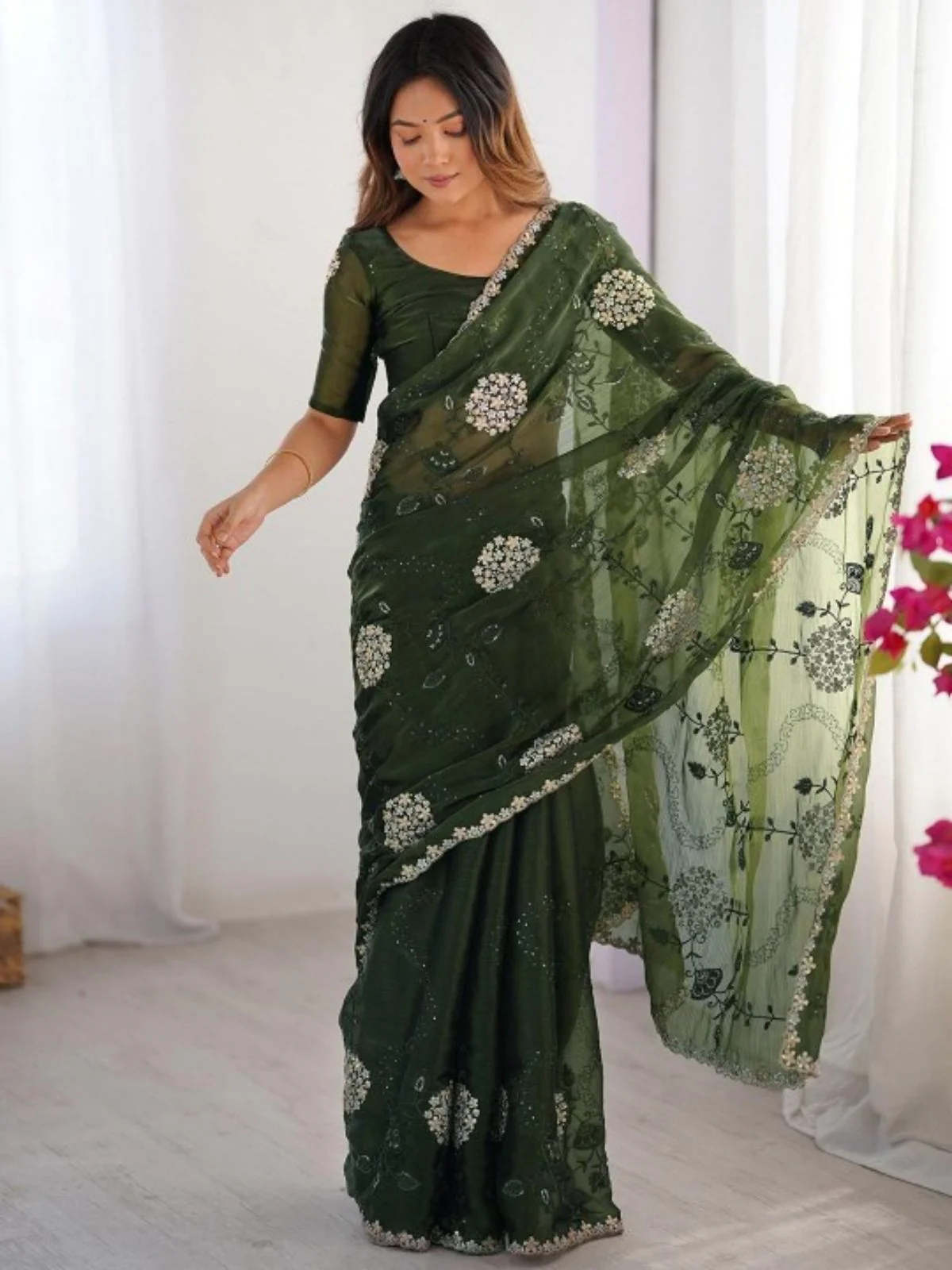 Odette Deep Green Organza Embroidered Solid Saree For Women - Image 3