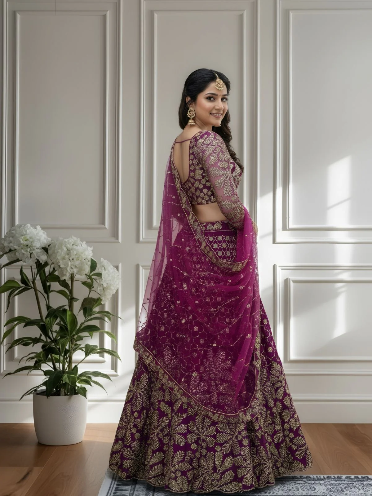 Odette Deep Magenta Net Embellished Semi Stitched Lehenga For Women - Image 3