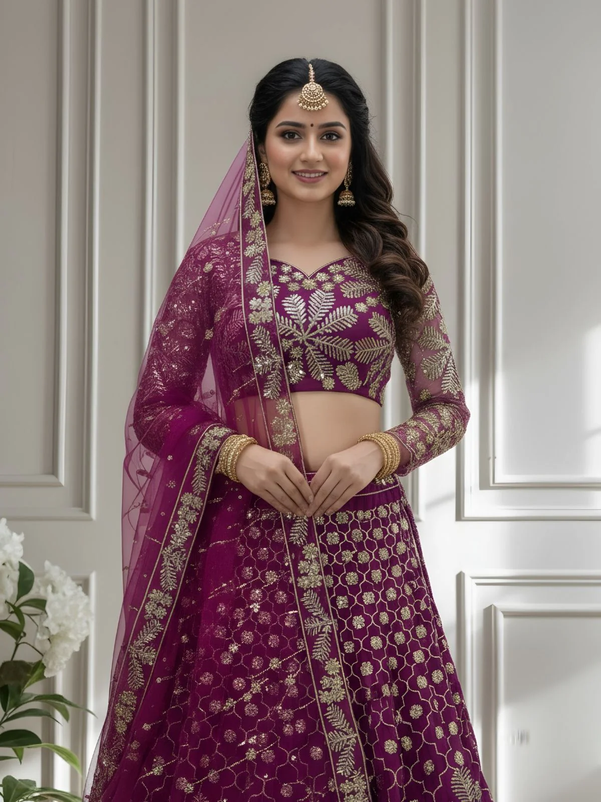 Odette Deep Magenta Net Embellished Semi Stitched Lehenga For Women - Image 4