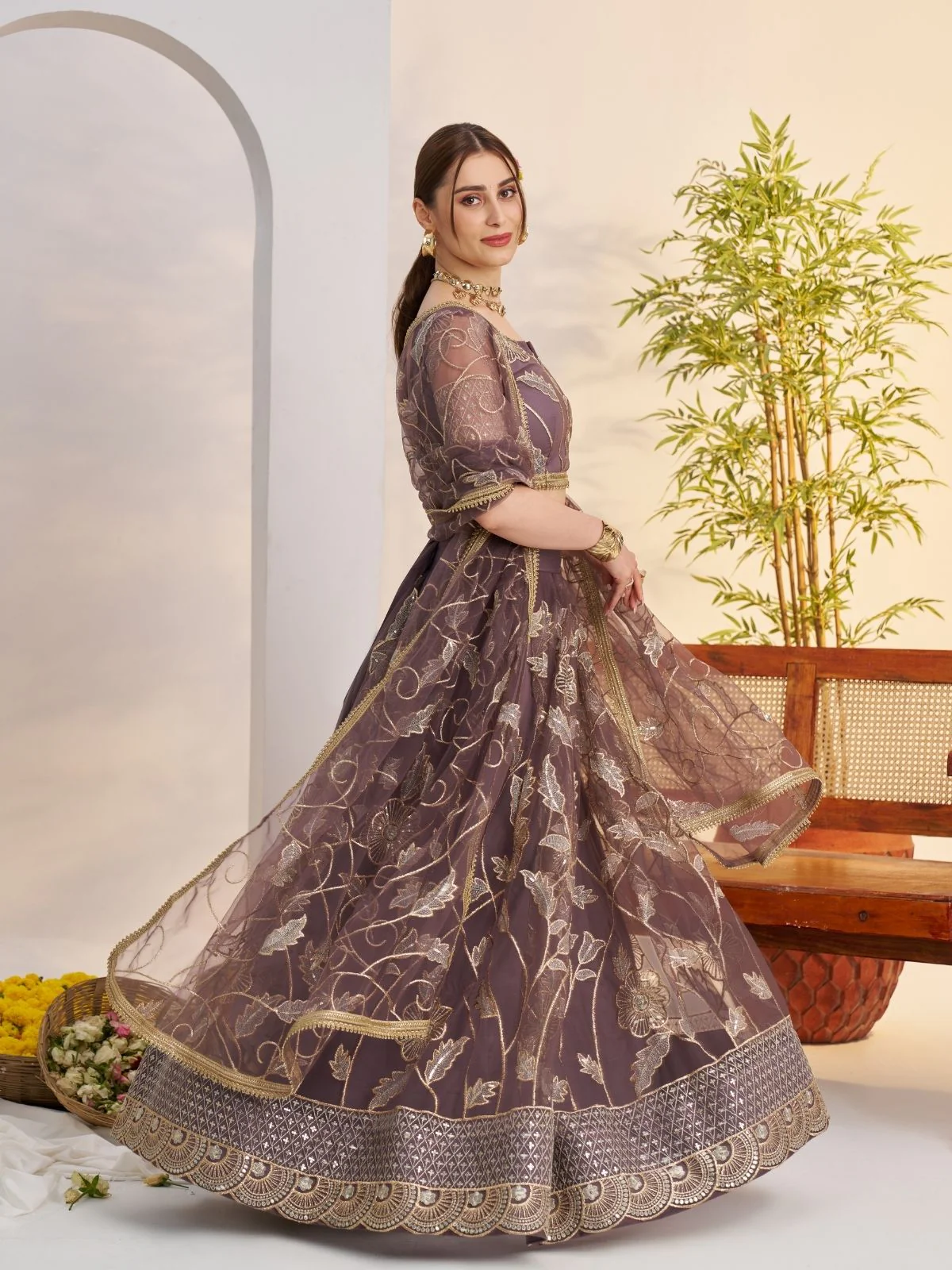 Odette Deep Mauve Net Embroidered Semi Stitched Lehenga For Women - Image 2
