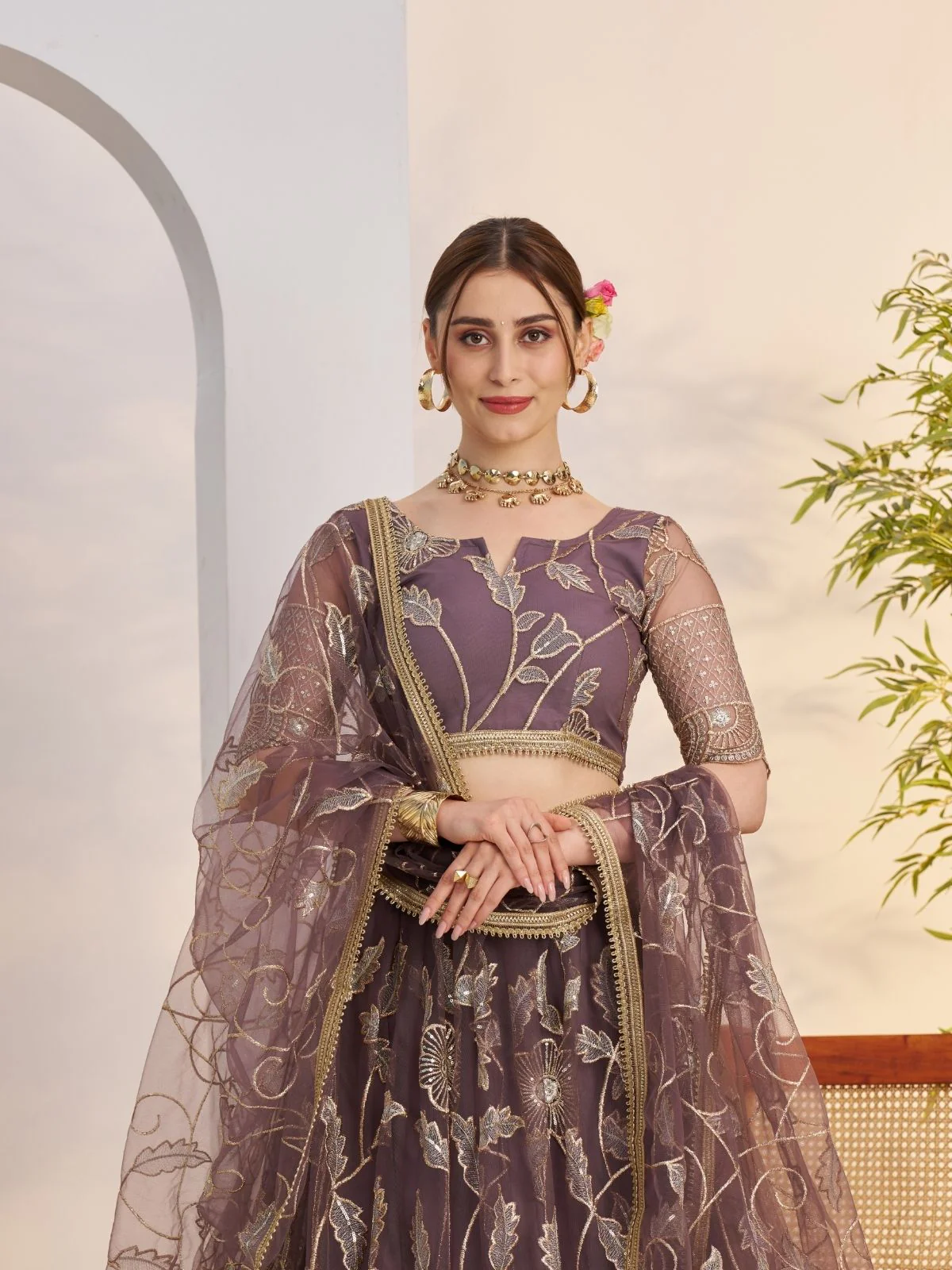 Odette Deep Mauve Net Embroidered Semi Stitched Lehenga For Women - Image 4