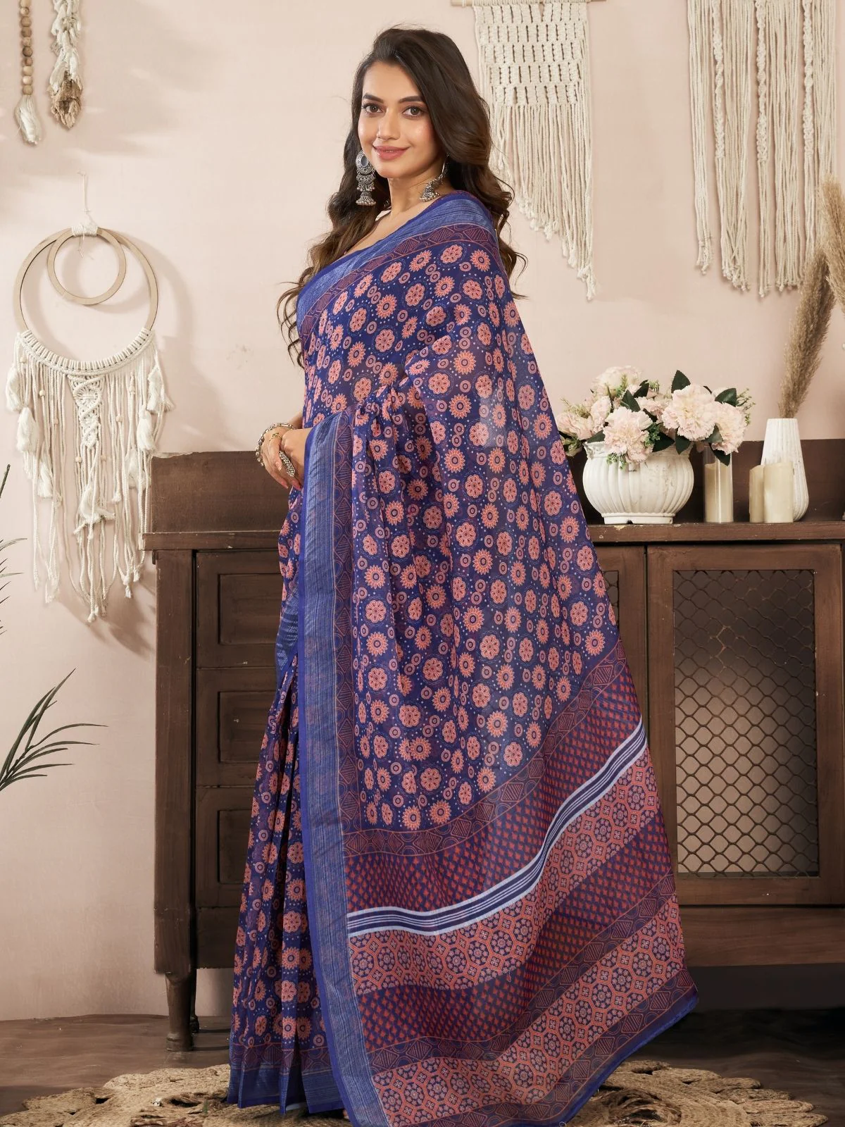 Odette Deep Purple Cotton Linen Zari Work Saree For Women - Image 2
