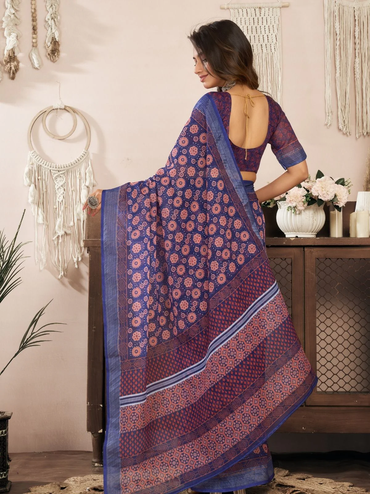Odette Deep Purple Cotton Linen Zari Work Saree For Women - Image 4