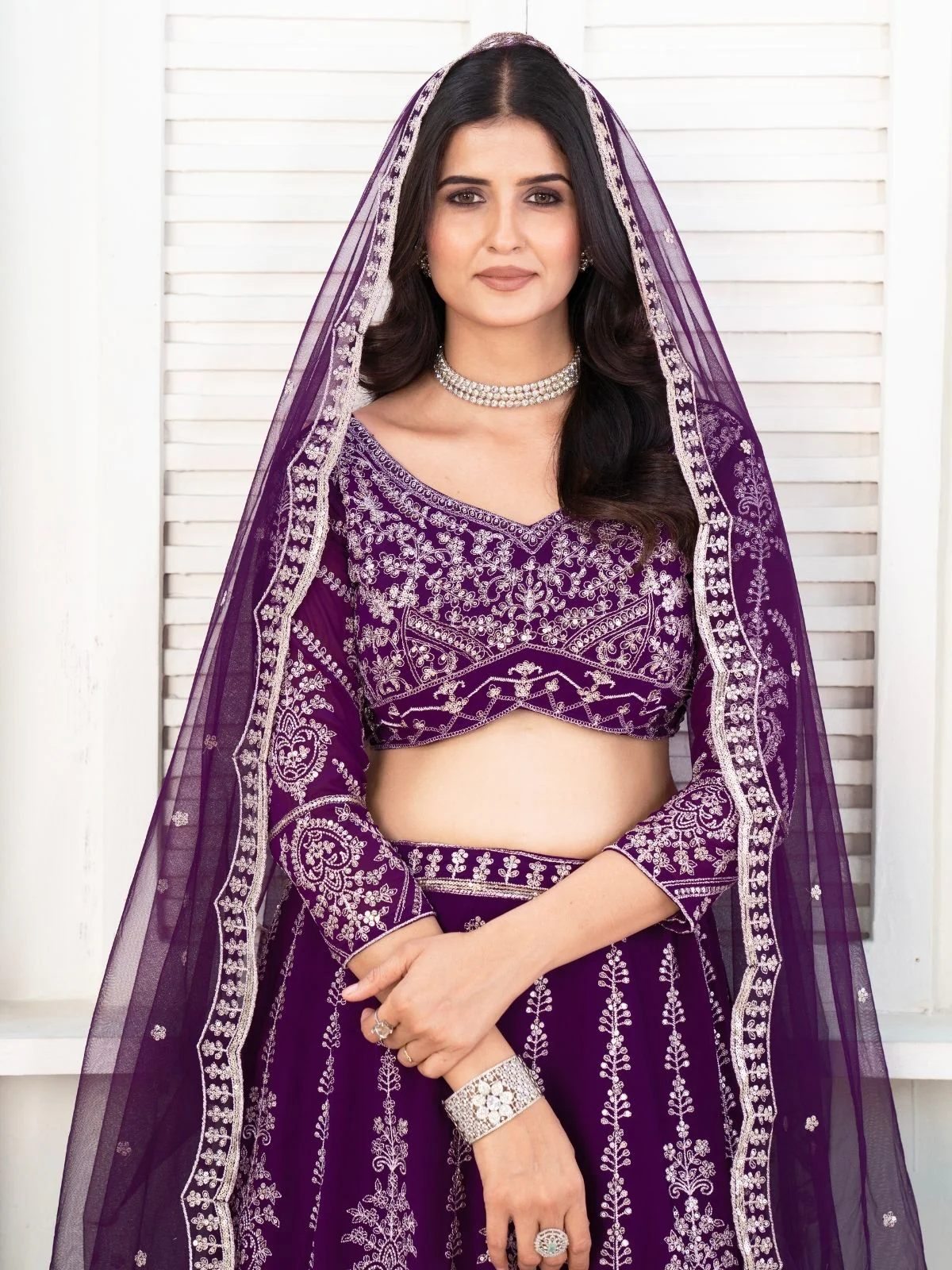 Odette Deep Purple Georgette Embellished Semi Stitched Lehenga For Women - Image 4